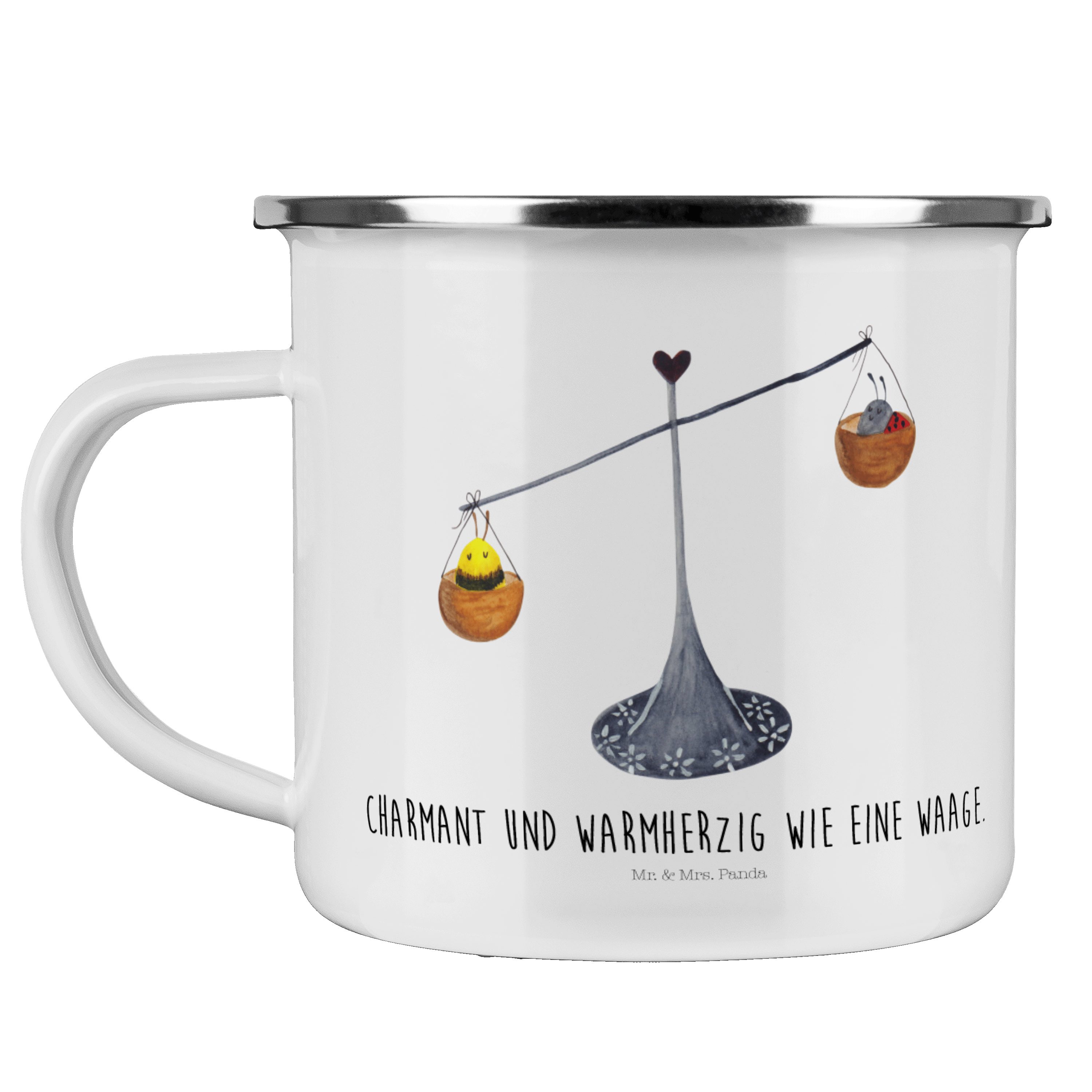 Mr. & Mrs. Panda Becher Sternzeichen Waage - Weiß - Geschenk, Campingtasse, Horoskop, Kaffee, Emaille