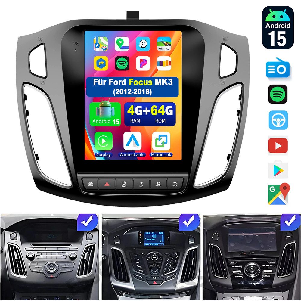ESSGOO DAB+ 9.7'' Android15 CarPlay 2Din Autoradio für Ford Focus MK3 2012-18 Autoradio (RDS, 4+64GB(optional), Digitalradio (DAB), FM, GPS, BT4.1, SWC, Carplay Android Auto Bluetooth EQ USB GPS Navi WIFI Touchscreen)