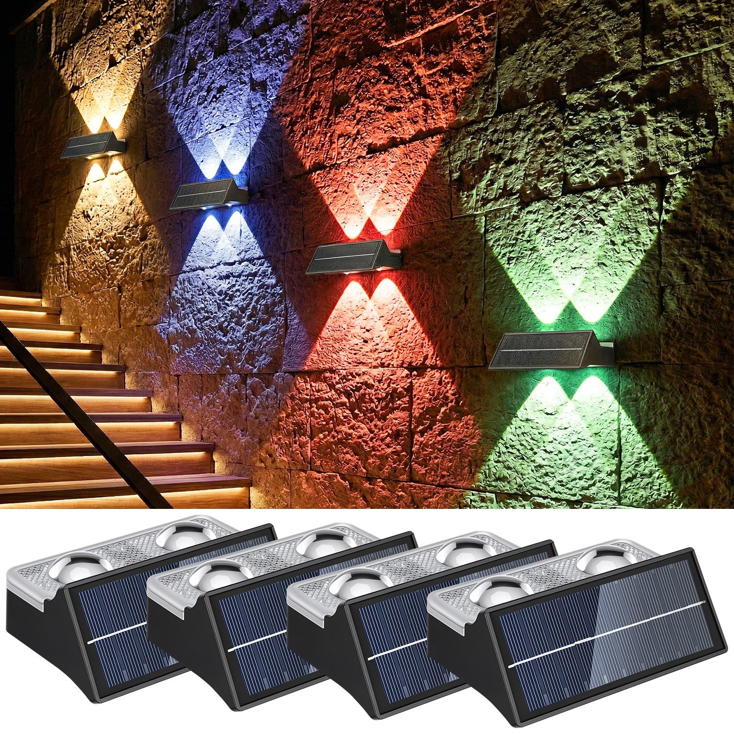 oyajia LED Außen-Wandleuchte LED Solarlampe für Außen Einstellbar Solarlampen für Außen RGB 4 Modus, LED fest integriert, RGB, RGB 9 Farben Solarleuchte für Zaun Wand Terrasse Garten Balkon Deko