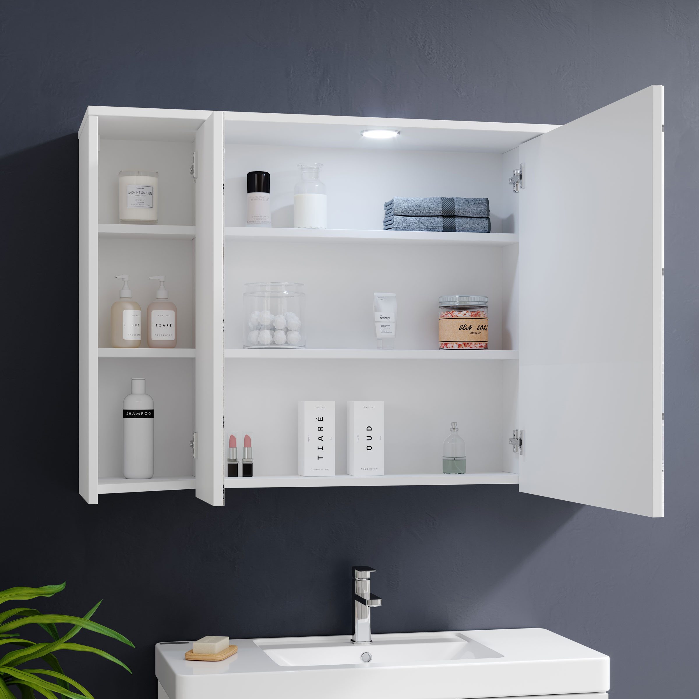 Bega Consult Badezimmerspiegelschrank Bad Spiegelschrank Three weiß mit Steckdose und Beleuchtung
