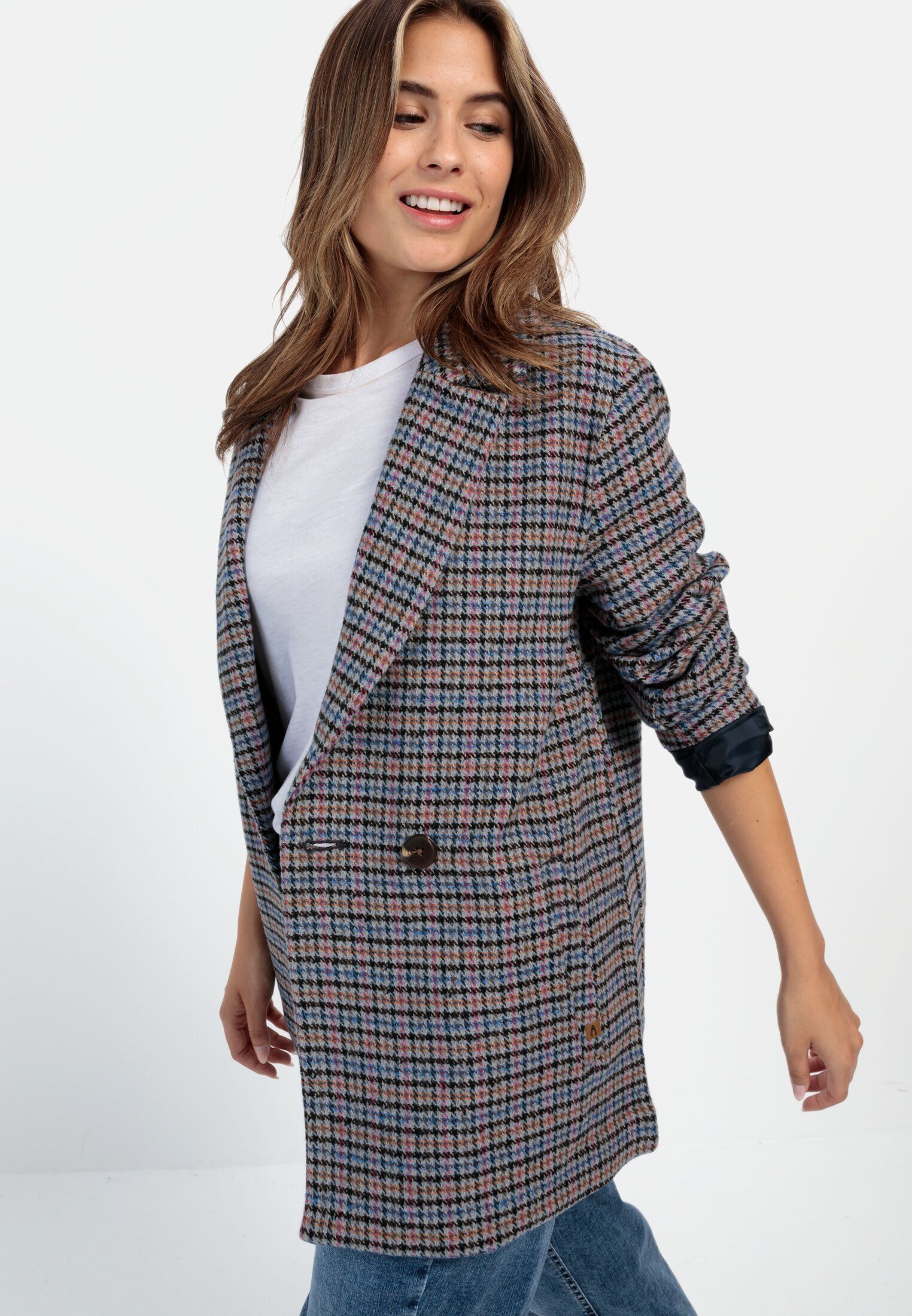 camel active Longblazer mit kariertem Muster Langarm Reverskragen mit Reverskragen