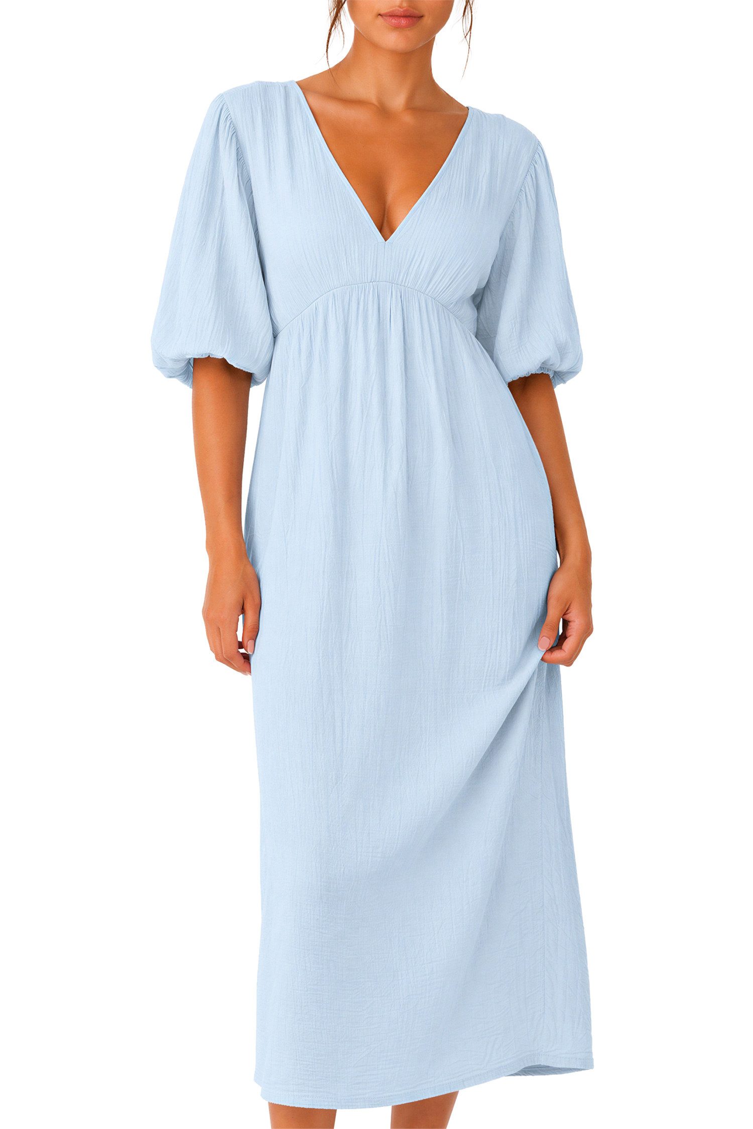 Reichstadt Sommerkleid Damen Relaxed Fit Dress Musselin 25RSW077 Feminine Puffärmel und Rückenschleife