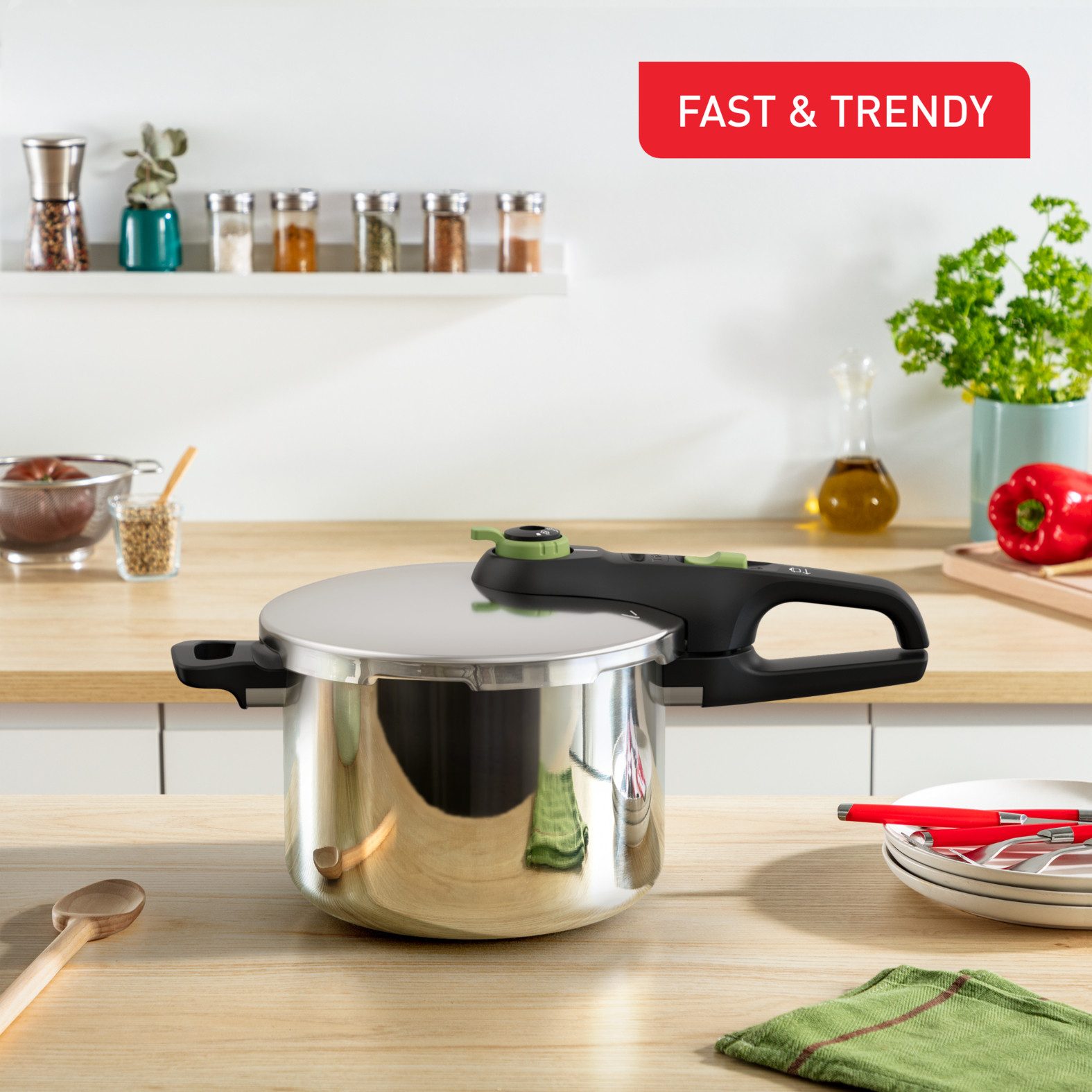 Tefal Schnellkochtopf Secure Trendy, Edelstahl (1-tlg), Dampfkochtopf, Garregler,Sicherheitsvorrichtung,Korbeinsatz, Induktion