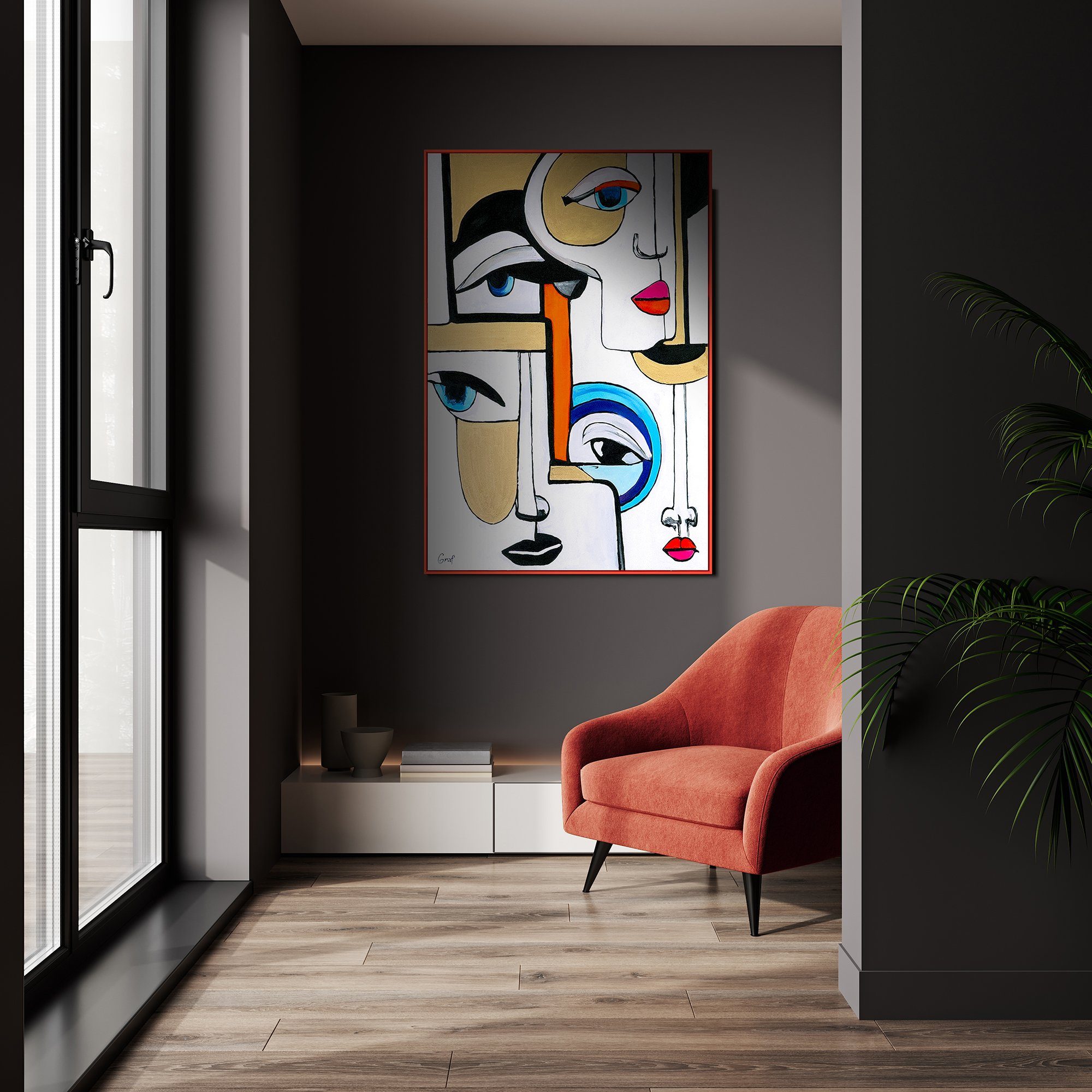 der Rot Rahmen YS-Art Mit Gemälde Geometrie, in Abstraktion Spiel