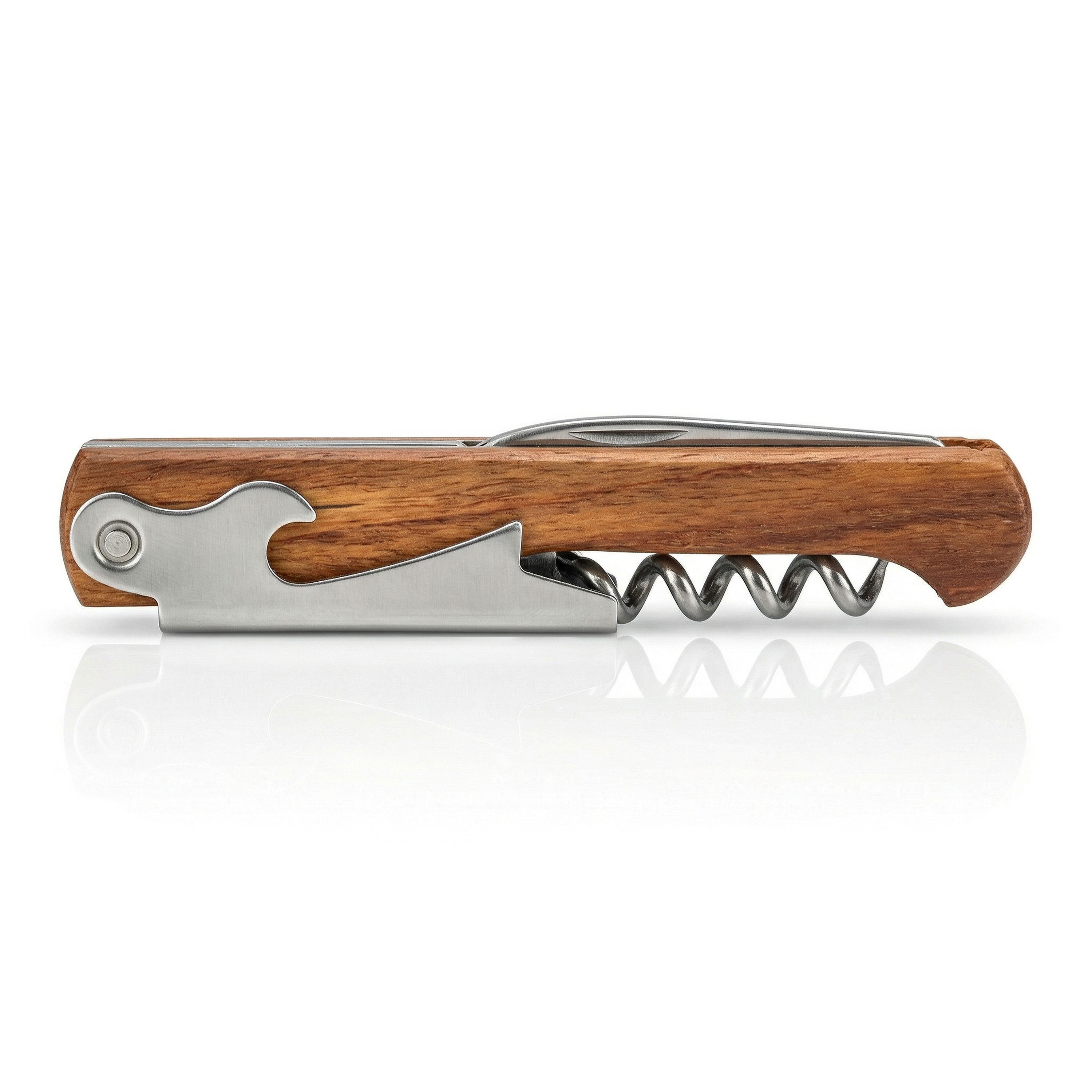 Arendo Korkenzieher Edelstahl Weinöffner, Flaschenöffner, Tasschenmesser, Folienschneider, (1 tlg., für Wein, Picknick und Gastronomie), elegantes Kellnerbesteck, ergonomischer Holz Griff, Robust & kompakt