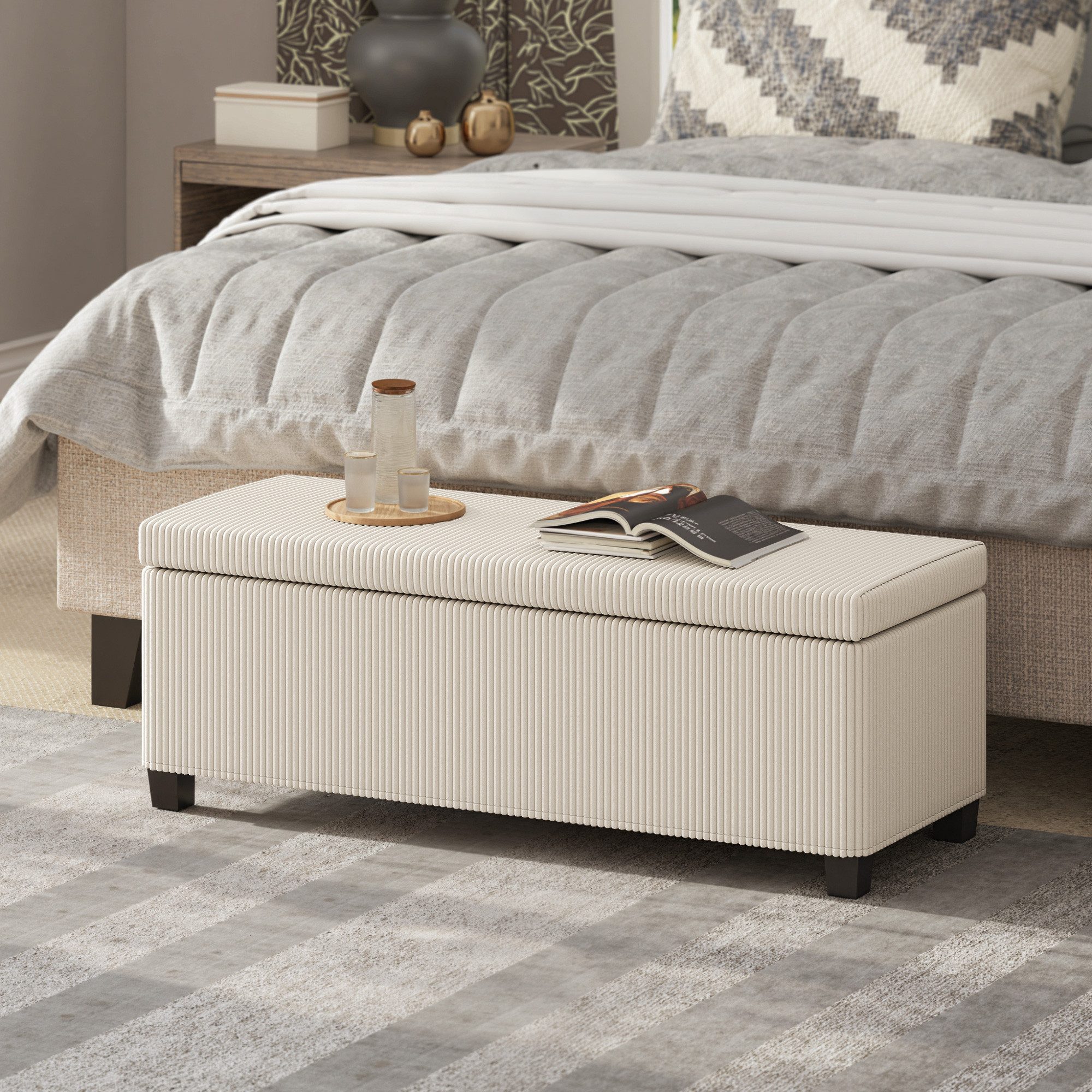 HOMCOM Sitzbank Polsterbank mit Stauraum und Cord-Optik, Sitztruhe für Wohnzimmer (Fußhocker aus Cord mit abnehmbarem Deckel, Beinen, 1-St., Aufbewahrungstruhe für Wohnzimmer, Schlafzimmer), 112 x 42 x 40 cm, Beige