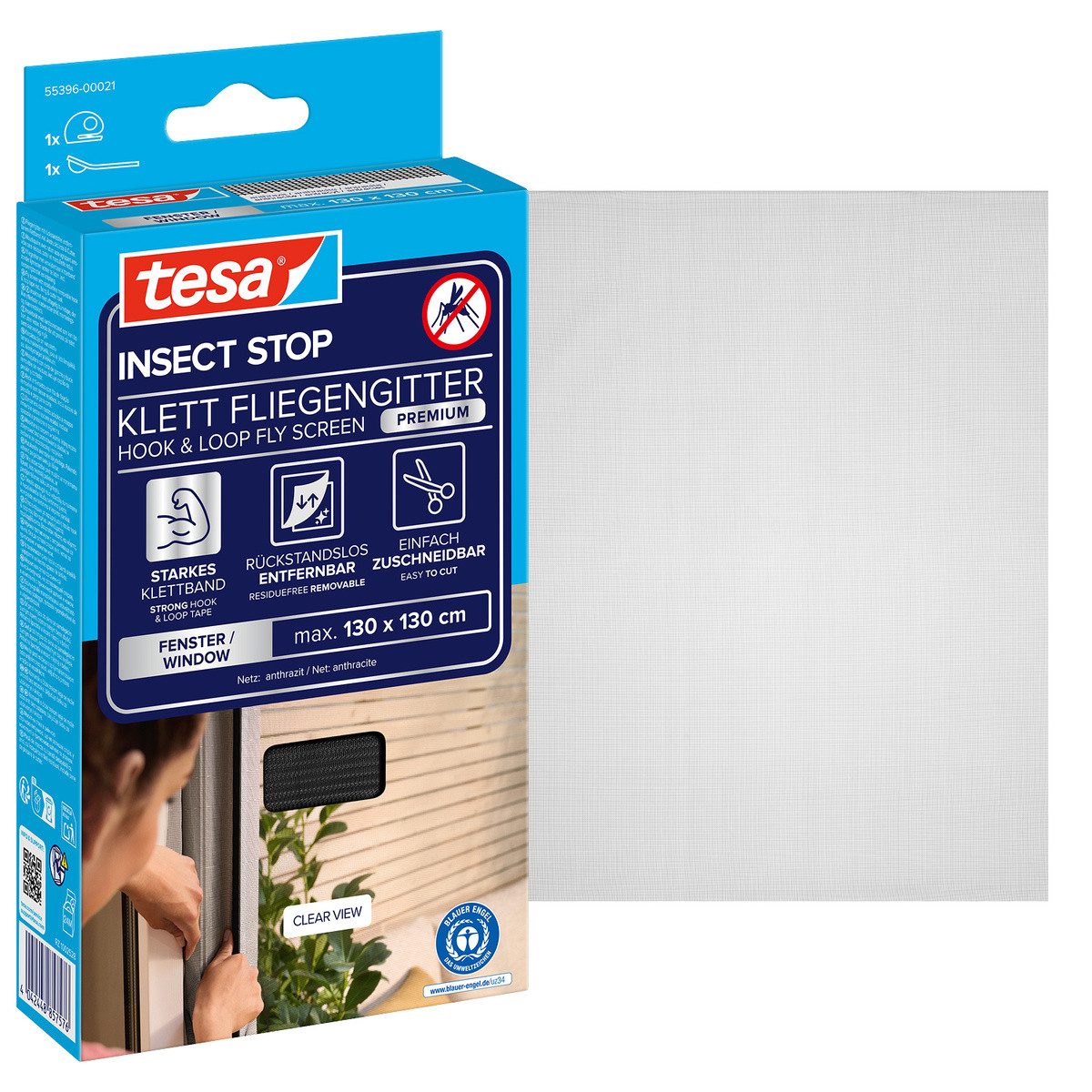 tesa Fliegengitter-Gewebe Premium für Fenster, Insektenschutz mit Klettband, (Packung, 1-St., Fliegennetz, Klettband, Andrück und Schneidehilfe), selbstklebende Insektenschutz - 130 cm x 130 cm