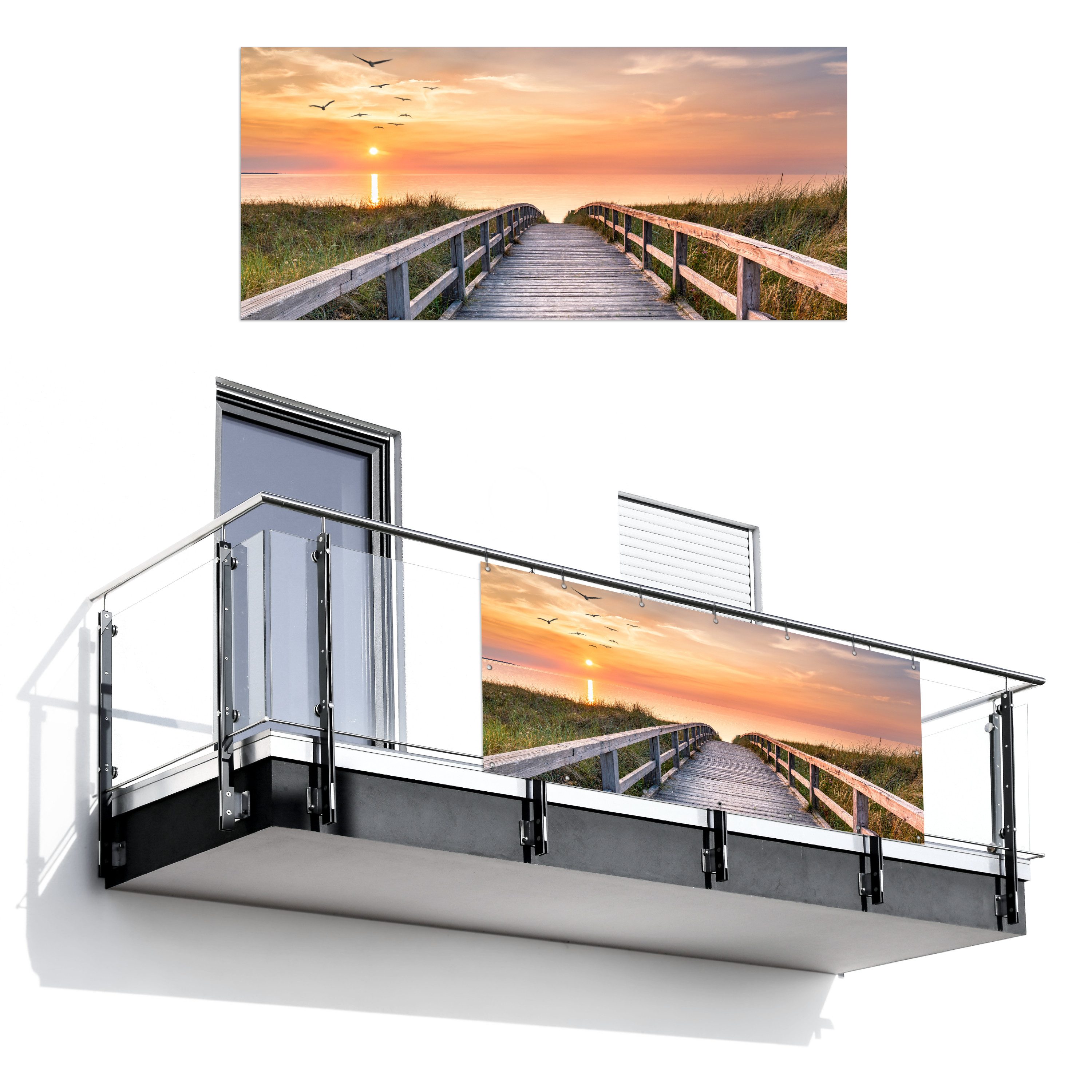 MuchoWow Balkonsichtschutz Sonnenuntergang - Meer - Weg - Gras - Düne - Vögel (1-St) Balkon Sichtschutz 90x200, Windschutz für Zaun PVC, 200x90 cm