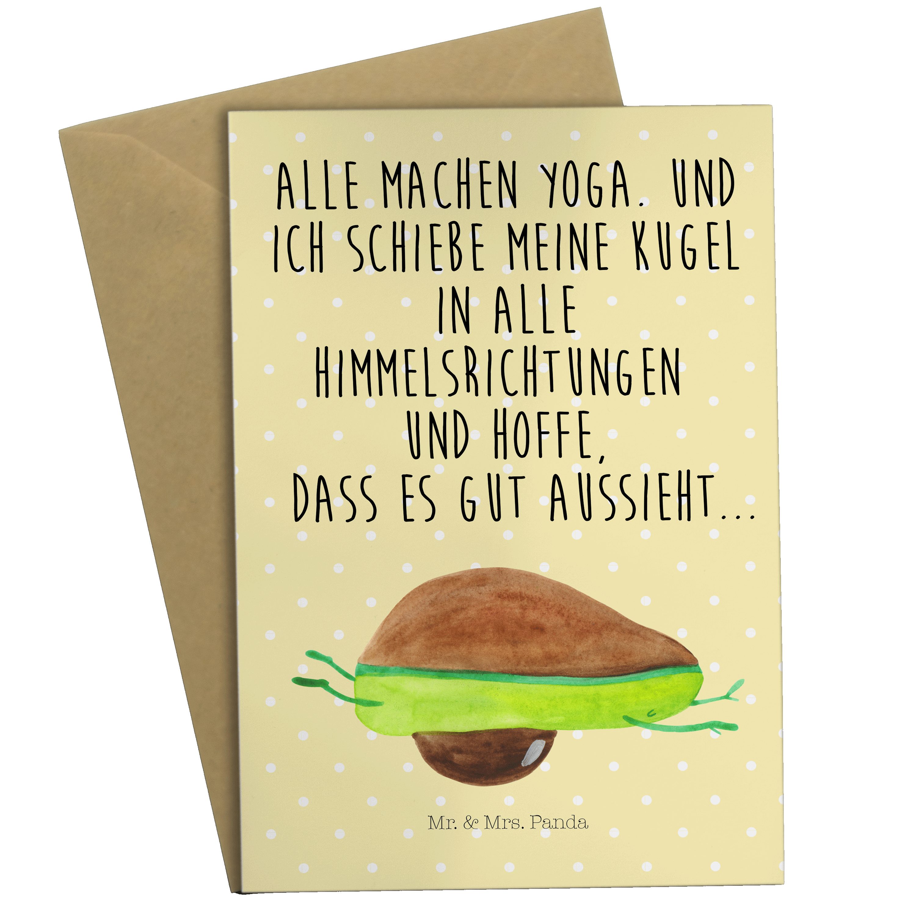 Mr. & - Avocado Yoga Mrs. Panda Hilfe, Grußkarte Gelb Pastell - Geschenk, Glückwunschkarte, Einl