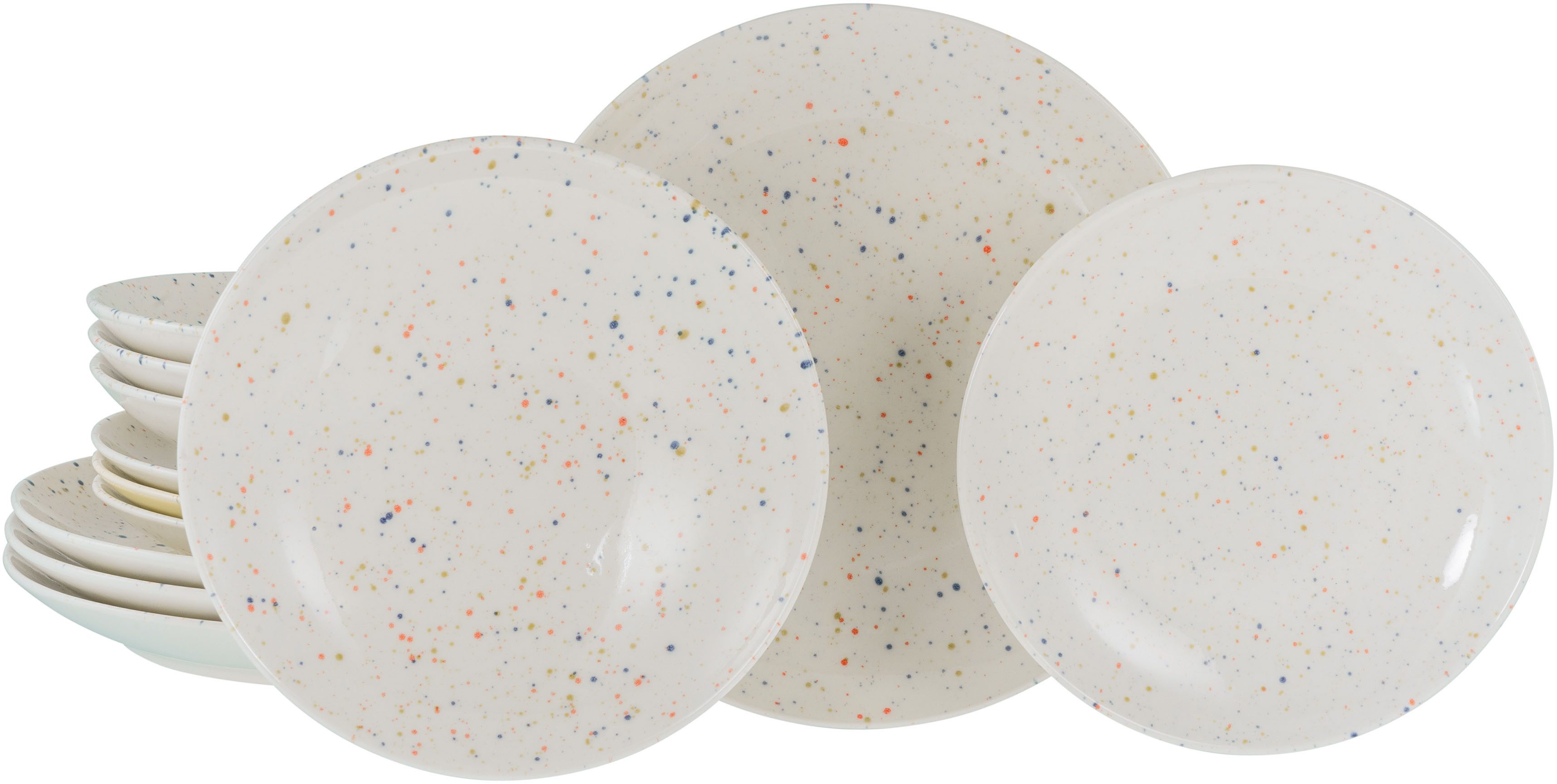 CreaTable Teller-Set Confetti, Tellerset 12-tlg. (12-tlg), 4 Personen, Steinzeug, Unregelmäßige bunte Punkte, Gute Laune Geschirr, Frisch, Freundlich