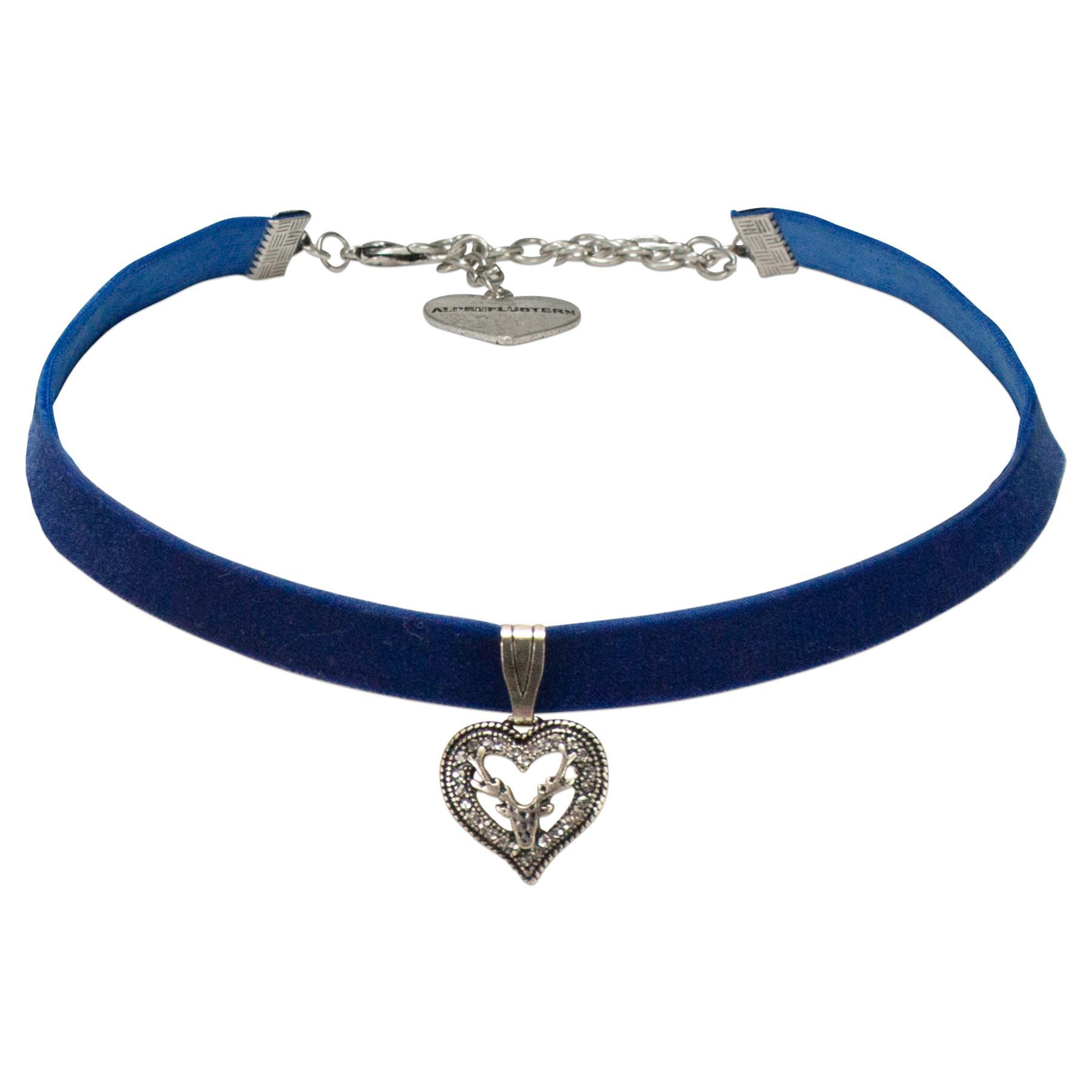 Alpenflüstern Choker Trachten-Samt-Kropfband Strassherz-Hirsch (blau), - nostalgische Trachtenkette enganliegend, Kropfkette elastisch, Damen