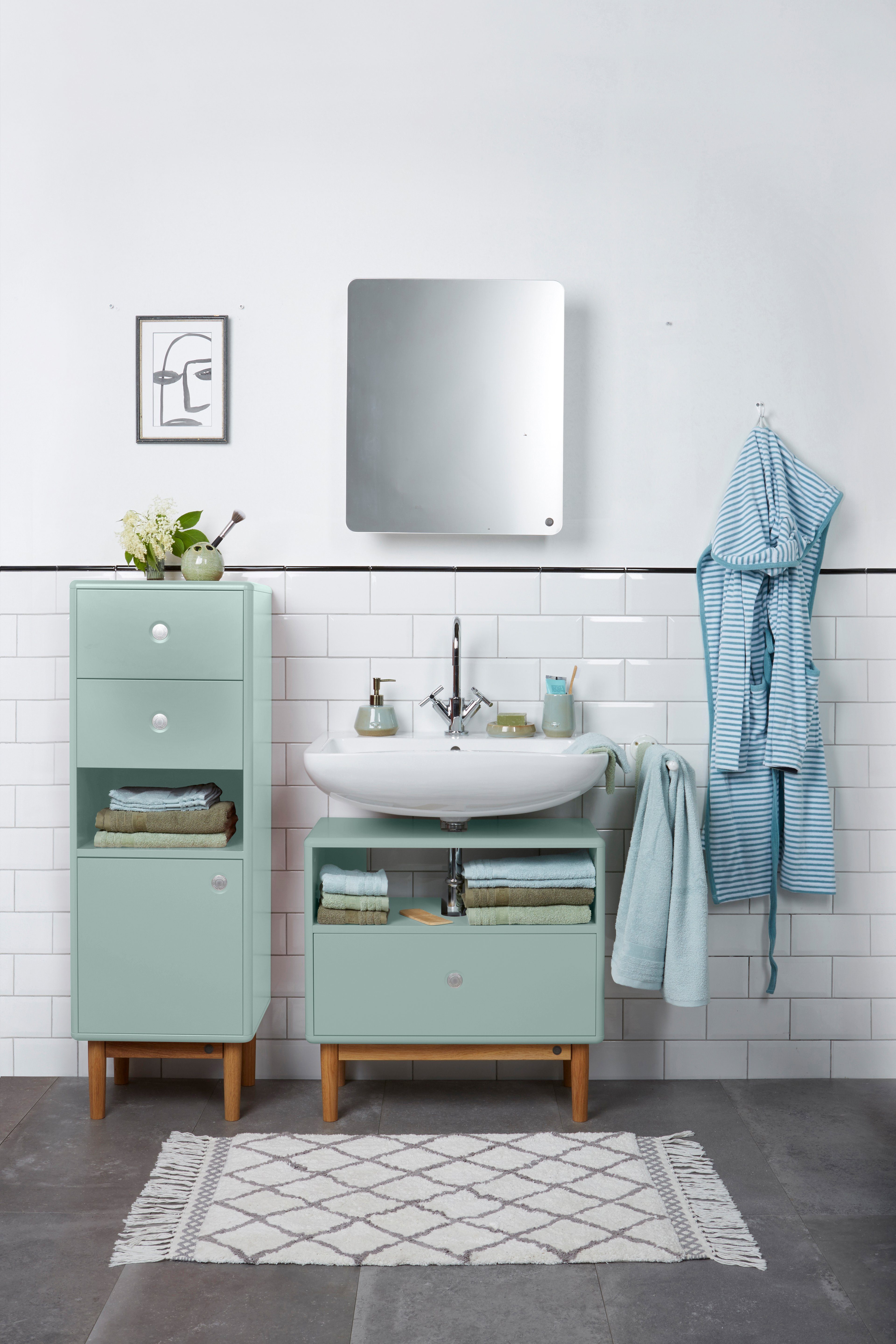 in Badspiegel TAILOR Ecken, Farben, lackiert mit MDF Mirror mit sage_076 Stauraum, Tür - Tür gerundeten HOME seidenmatt - TOM aus mit COLOR BATH vielen Small