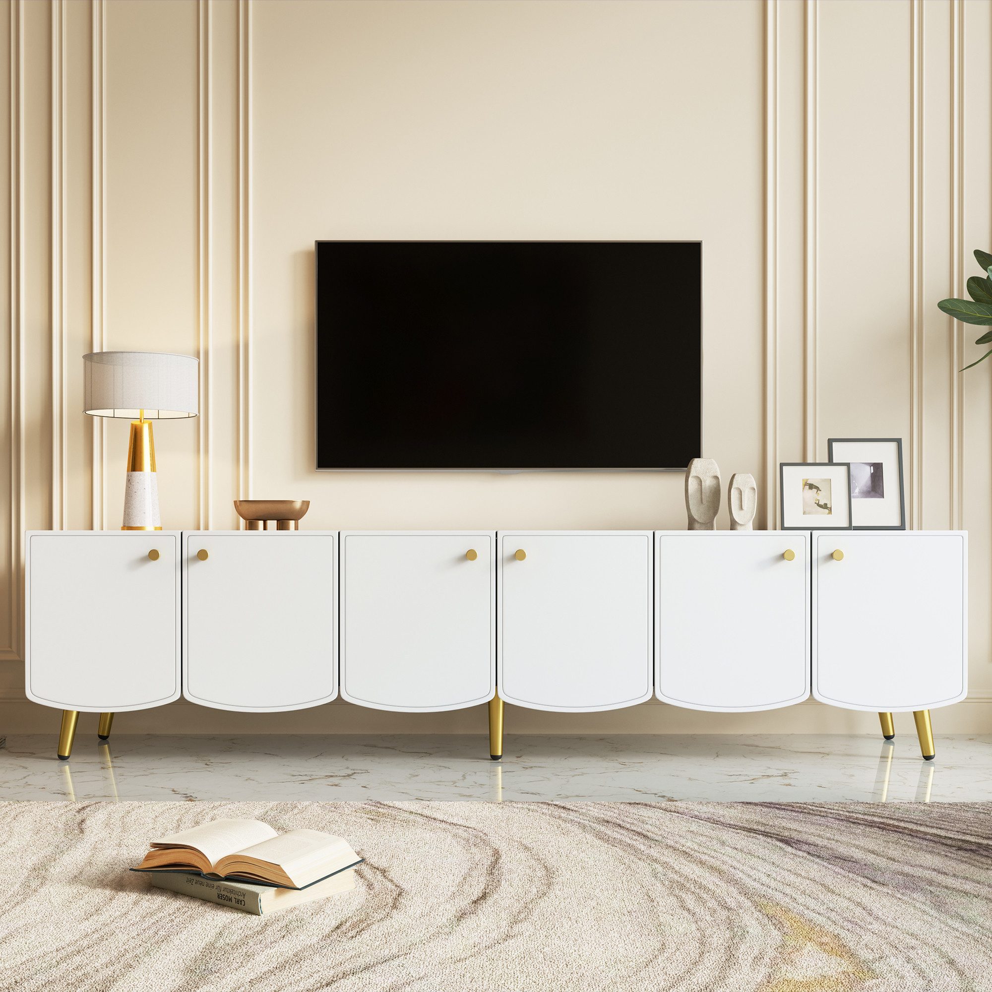 Flieks Lowboard mit 6 Türen und 4 Fächern, goldfarbener Metallgriffe und Metallfüße (180x40x45 cm, 1 St), TV-Schrank TV-Board Fernsehschrank TV-Ständer Weiß