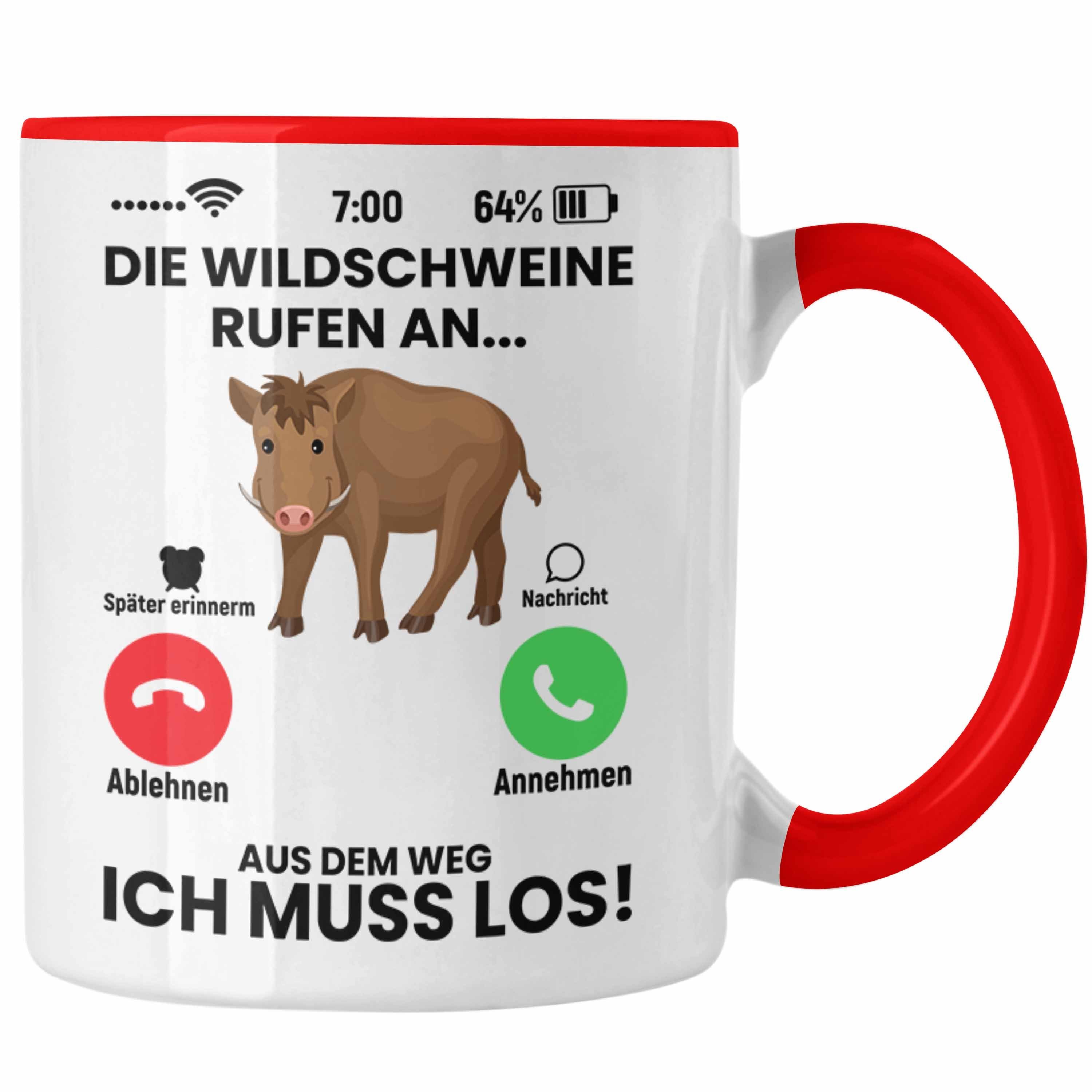 Trendation Tasse Trendation - Die Wildschweine Rufen An Tasse Geschenk für Jäger Lustiger Spruch als Geschenkidee zum Jagen Rot