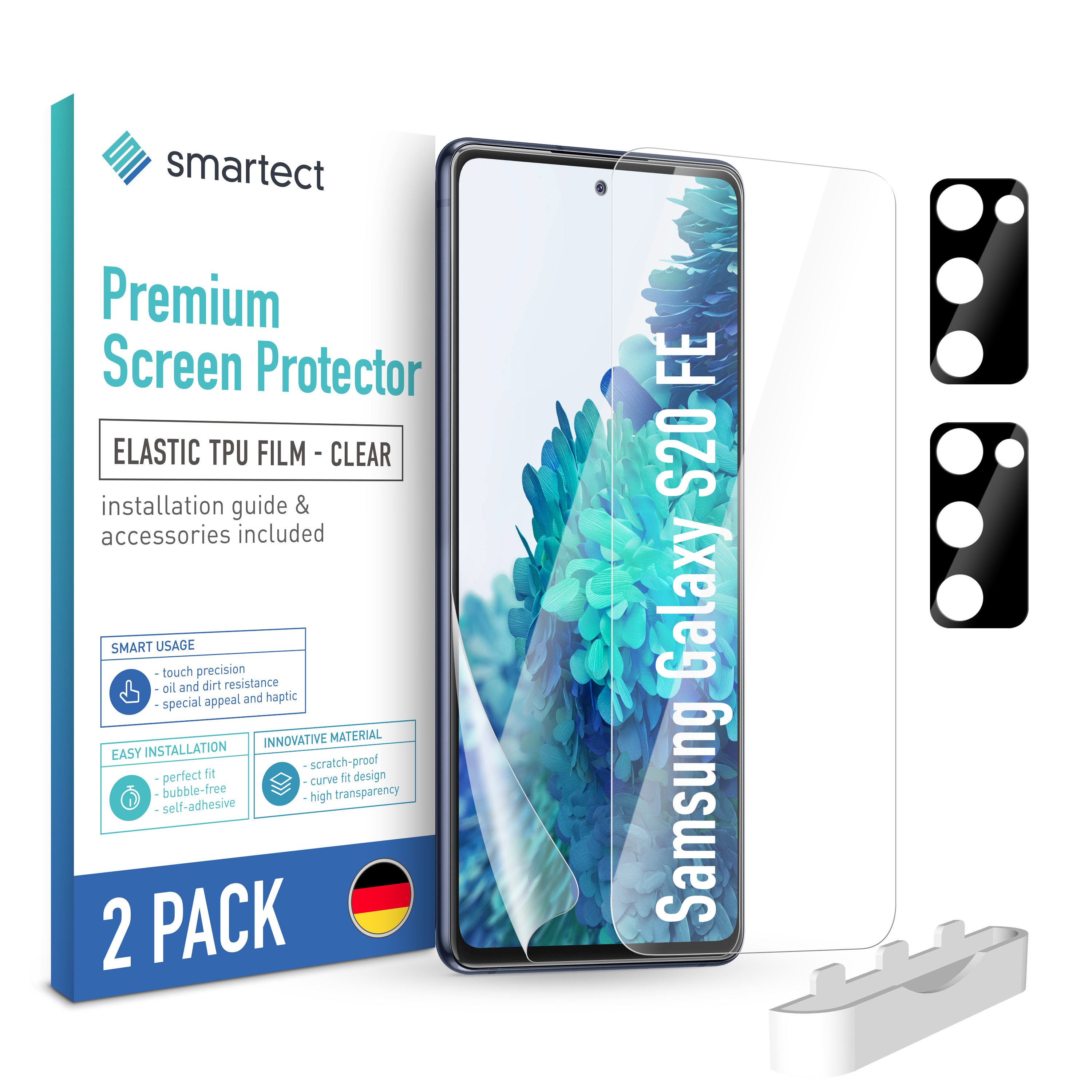 smartect Displayschutzfolie TPU Schutzfolie Klar für Samsung Galaxy S20 FE, Set, 2 Stück, (Display + Kamera) Panzerfolie Displayfolie