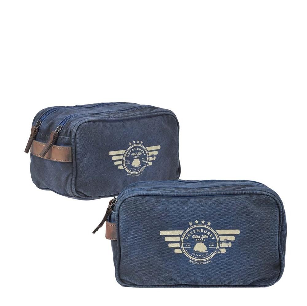 Greenburry Kulturbeutel Aviator Blue Edition, used Look Canvas mit Lederbesatz, Kulturtasche, Waschtasche, Reisen