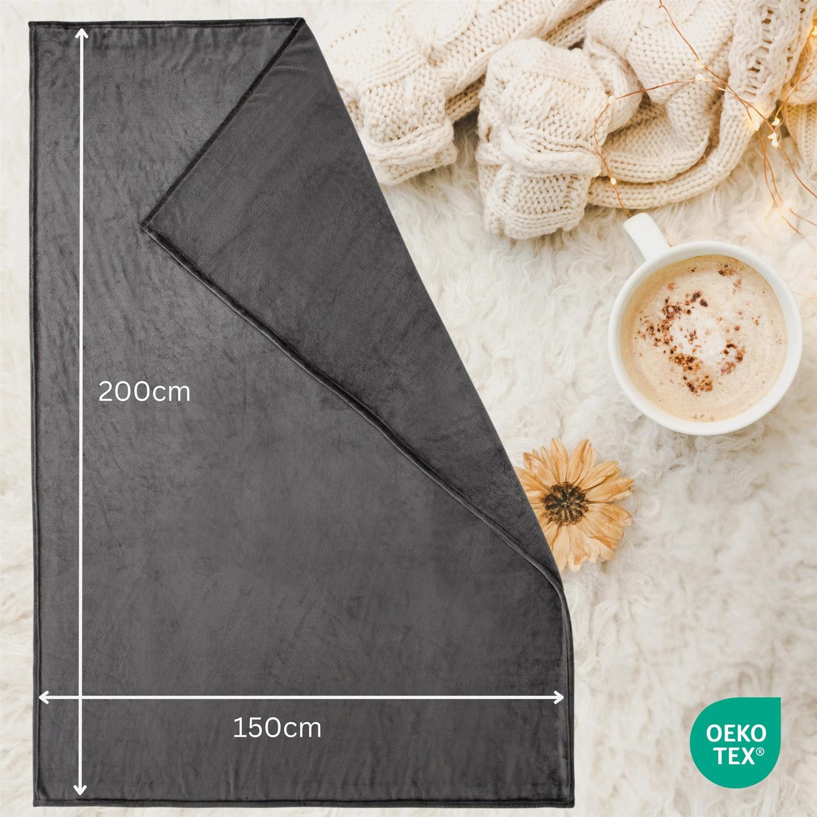 Wohndecke Kuscheldecke Flauschig Fleecedecke 150x200 180x220 Sofa Couch Decke, Carpe Sonno, Super Softe Sofadecke Überwurf Tagesdecke Grau Anthrazit – Bild 3 von 5