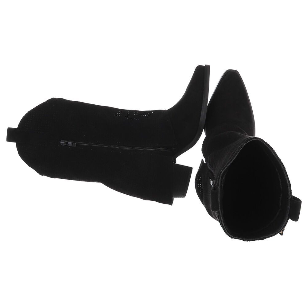 Ital-Design Damen Boots mit Fransen und perforiertem Design Westernstiefel (91154628) Blockabsatz Stiefel in Schwarz