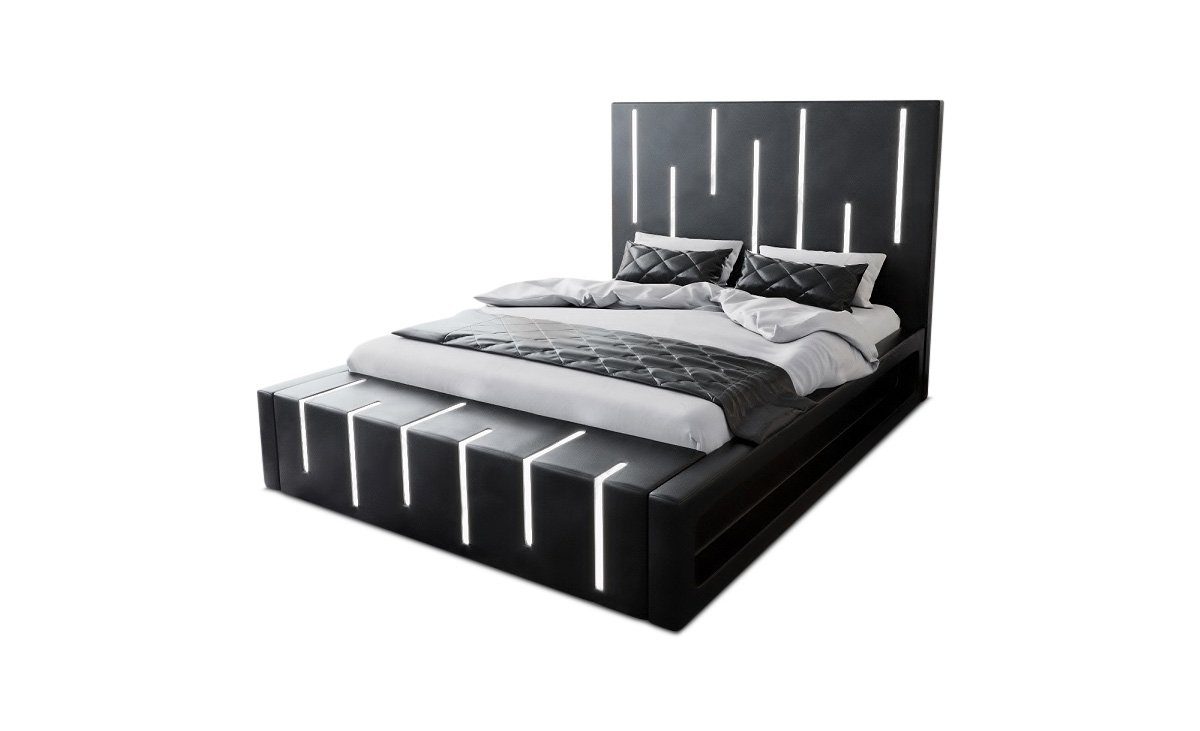 Sofa Dreams Boxspringbett Milona Bett Kunstleder Premium Komplettbett mit LED Beleuchtung, mit Topper schwarz-schwarz