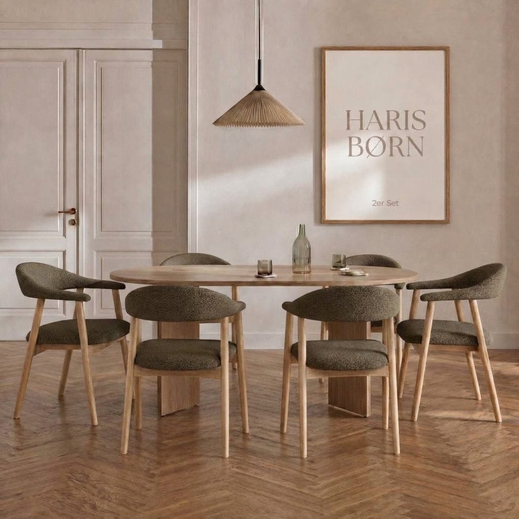 Haris Børn Esszimmerstuhl mit Armlehne (Massiv Eiche) - Polsterstühle für Esszimmer (Set, 8 St), Taupe - Esszimmer Stühle & Esstisch Stühle - Moderner Polsterstuhl