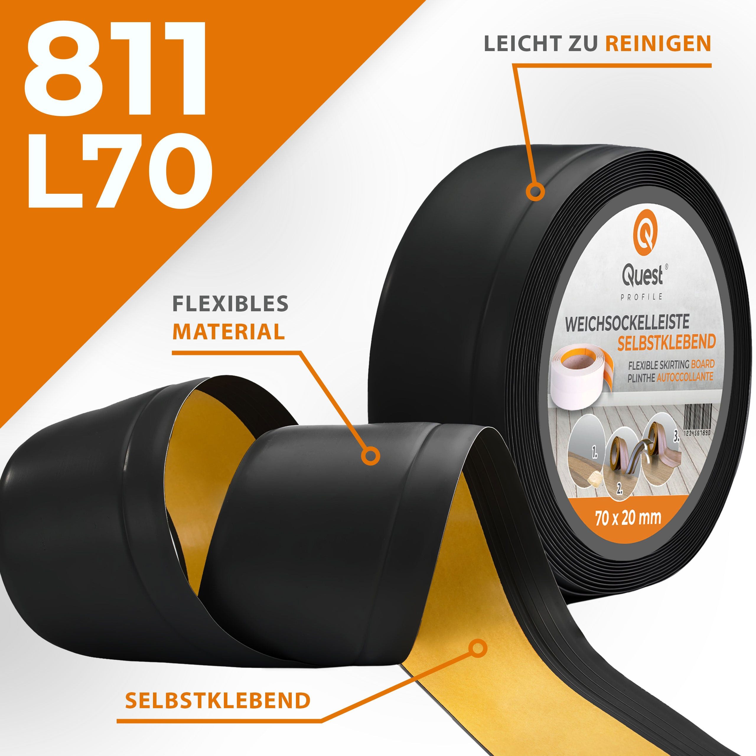 Quest Sockelleiste Weichsockelleiste Selbstklebend Knickleiste 70x20 mm, L: 100,00 cm, H: 7,00 cm, Packung, 1-St., wasserfest, UV-beständig, für Küche & Bad – Bild 2 von 5