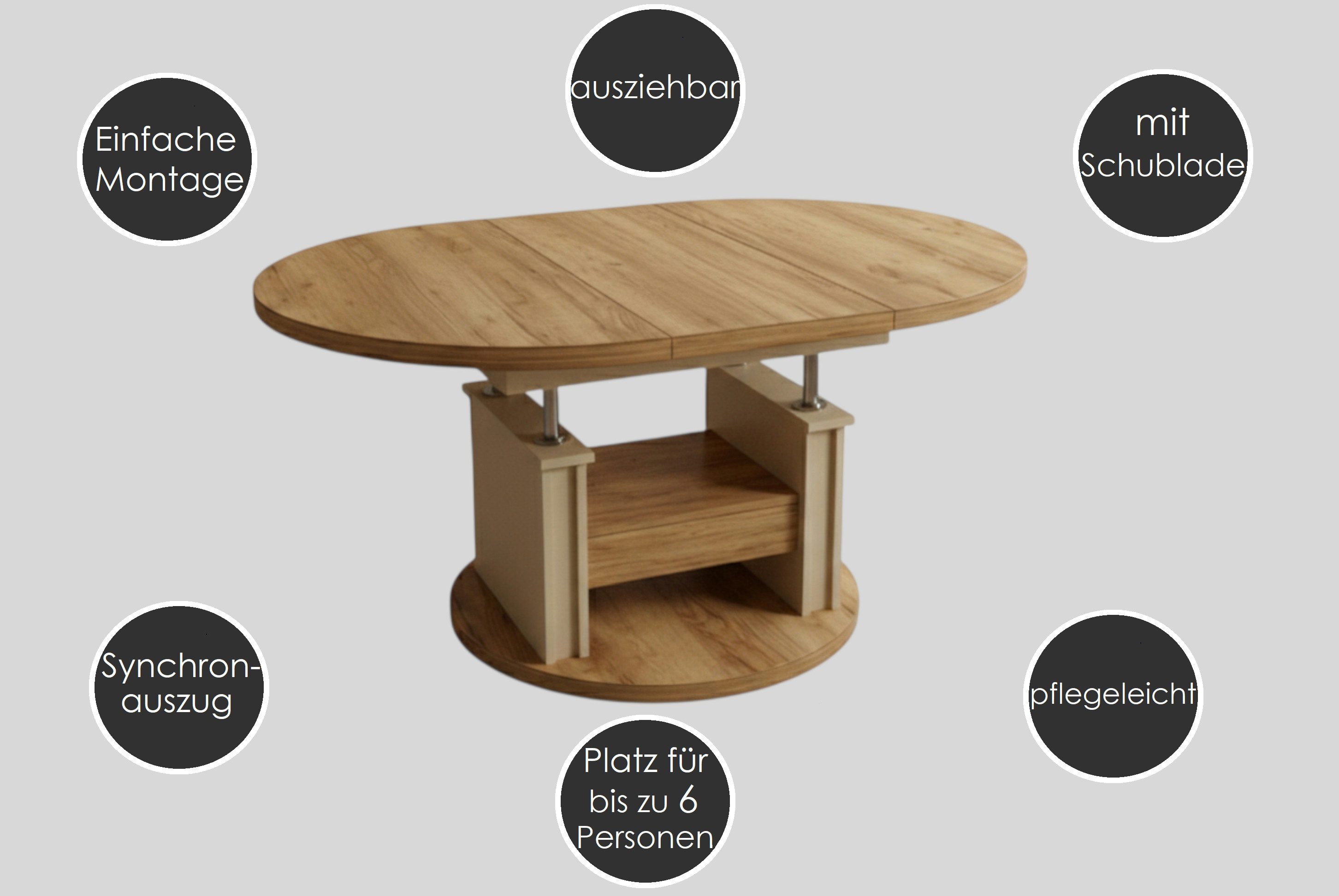 designimpex Couchtisch DA-999 rund ausziehbar höhenverstellbar mit Schublade Wohnzimmer Tisch, Funktionstisch, Wohnzimmertisch, Tisch, Esstisch, Sofatisch – Bild 5 von 5