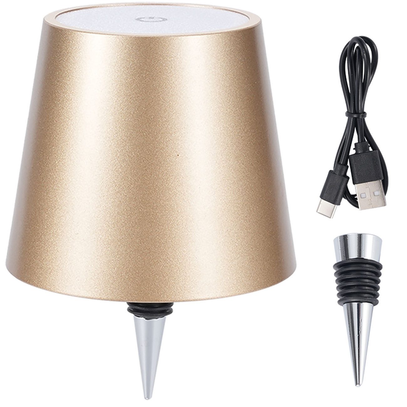 shop'n smile ideoon LED Tischleuchte Akku Flaschenlampe dimmbar LEDs in 3 Lichtfarben Ø 10,5 x14,5 cm Touch, LEDs mit 3 auswählbaren Lichtfarben, Kaltweiss / Warmweiss / Naturweiss, USB-C-Aufladung inkl. Kabel, Metall-Lampenschirm, in Gold