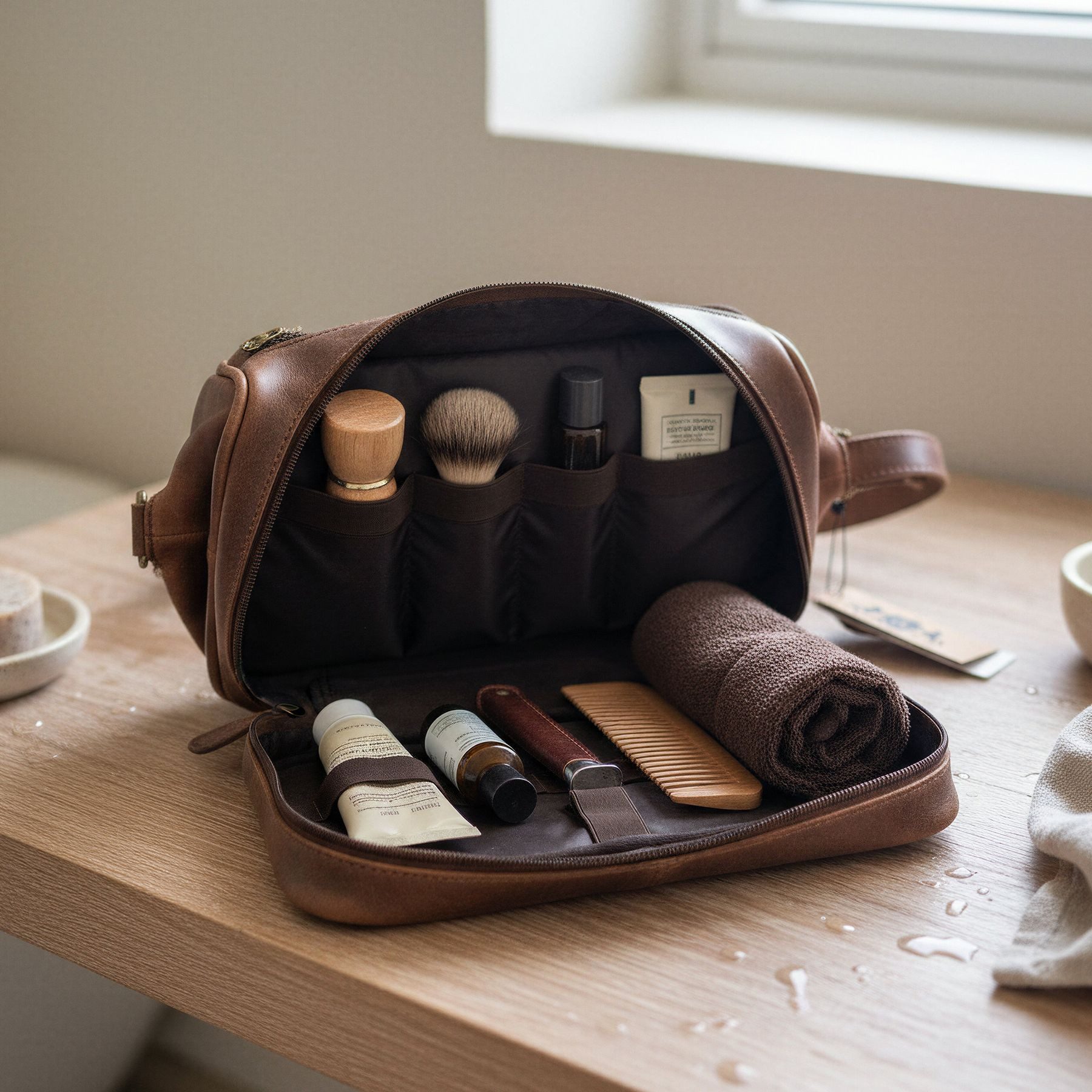 SID & VAIN Kulturbeutel echt Leder Kulturtasche groß braun NOTTINGHAM, Waschbeutel Echtleder für Herren, Kosmetiktasche braun-cognac
