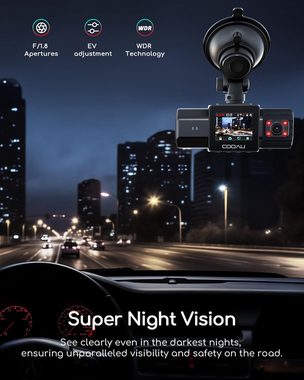 COOAU D20 2.5K Dash Cam Auto Vorne Hinten Kamera mit Infrarot Nachtsicht Dashcam (WLAN (Wi-Fi), APP-Verbindung, Sprachauf zeichnung, Unfallsperre, mit Loop-Recordning, G-Sensor-Erkennung,und 24-Stunden Parkmonitor)