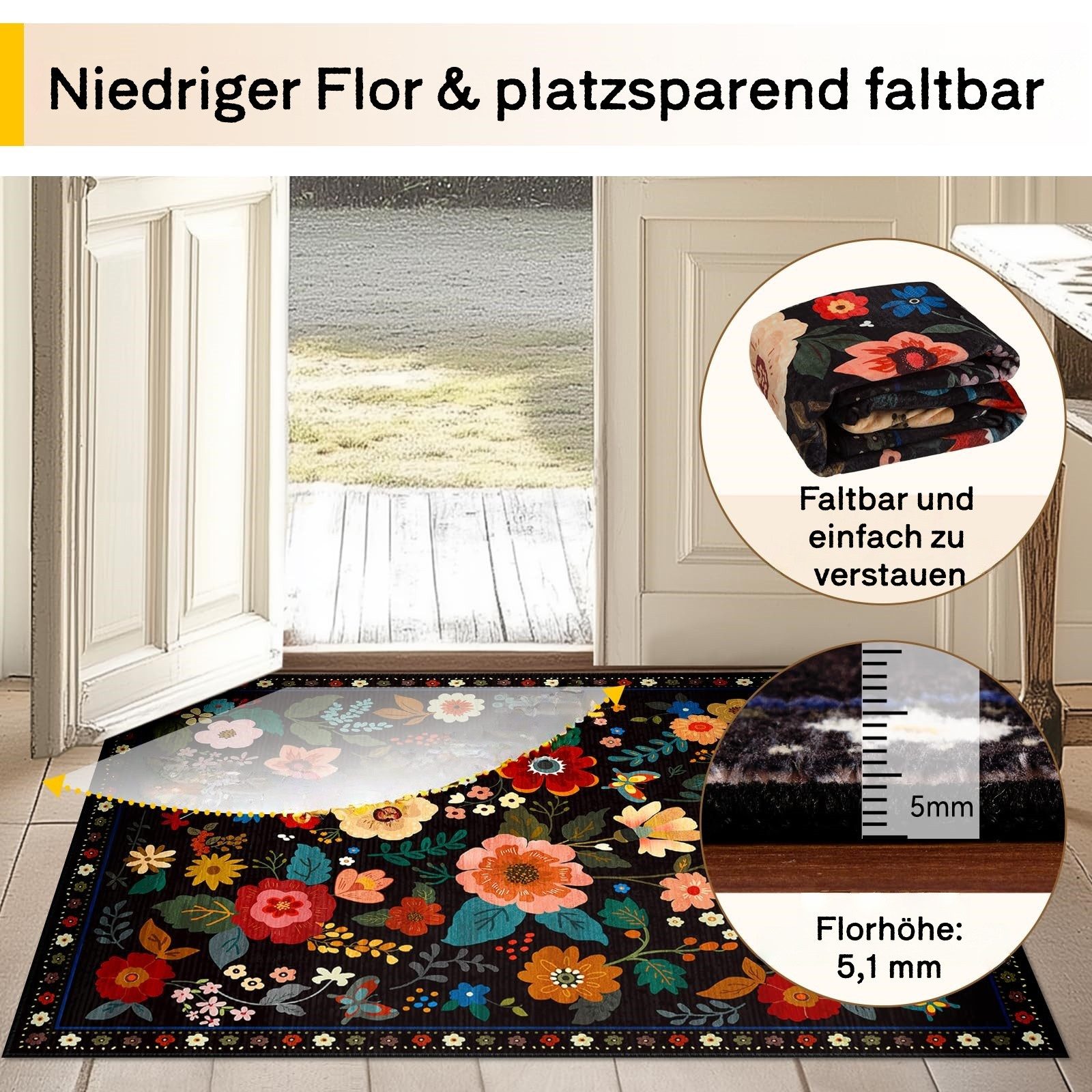 Zyronn Fußmatte Schmutzfangmatte Innen, Fussmatte, Blumenmuster, Vintage Teppiche, Eingangstürmatte für Flur Eingangsbereich Küche – Bild 5 von 5