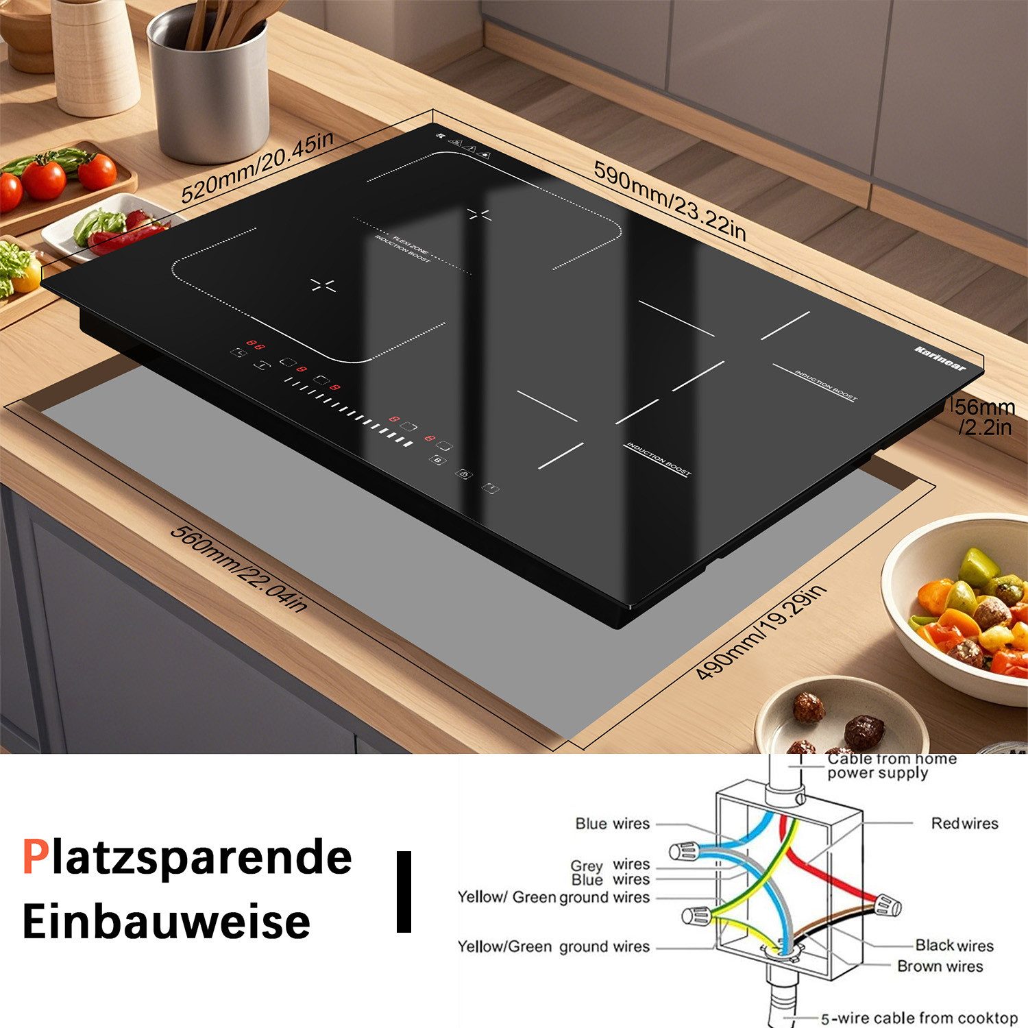 Karinear Induktions-Kochfeld 4-Zonen, Flexzone, Boost, Timer, 60 cm,7200W