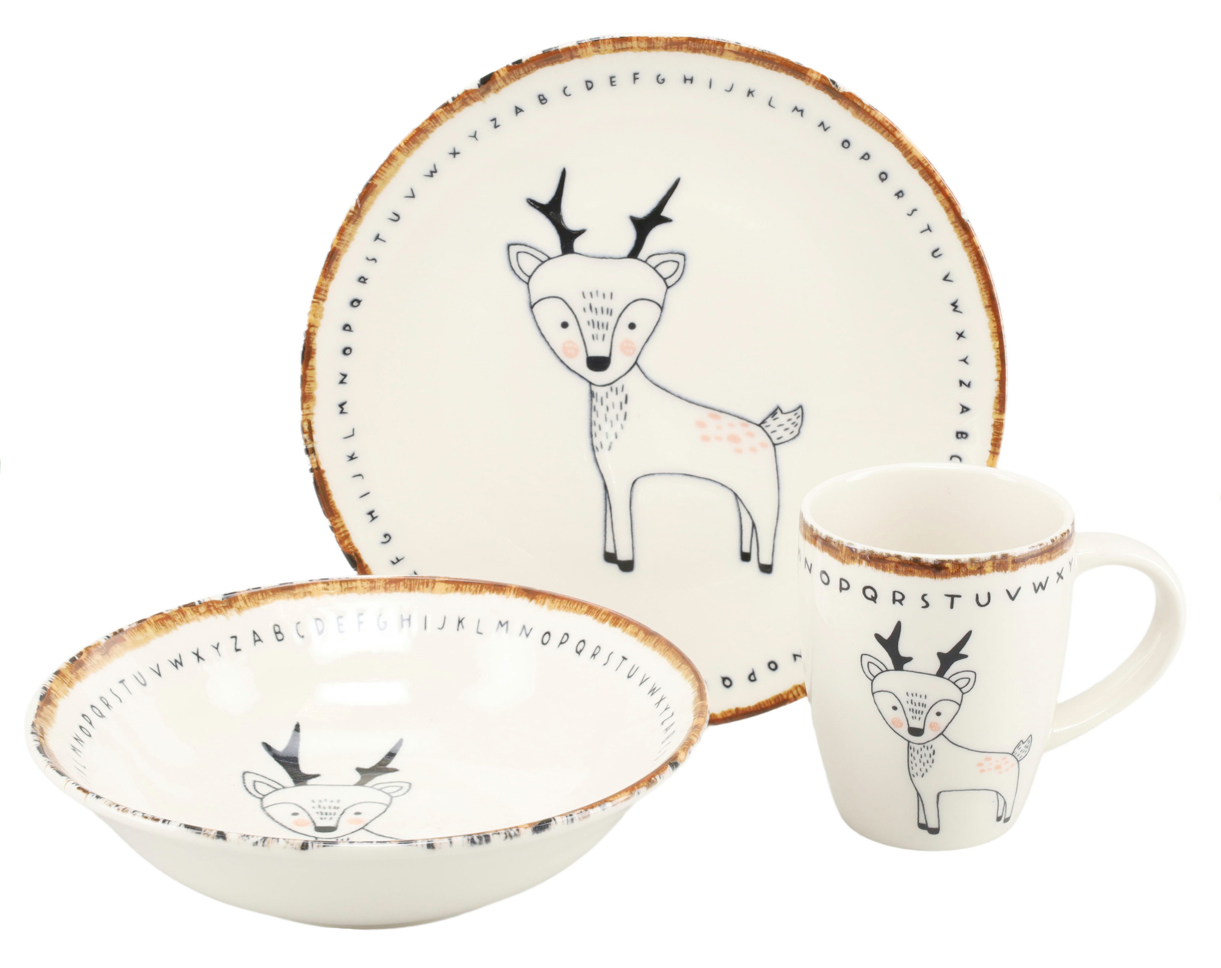 CreaTable Kindergeschirr-Set Freunde des Waldes Reh, Kinder Set 3-tlg. (3-tlg), 1 Personen, Steinzeug, Tiermotive, skandinavischer Stil, unregelmäßiger brauner Rand