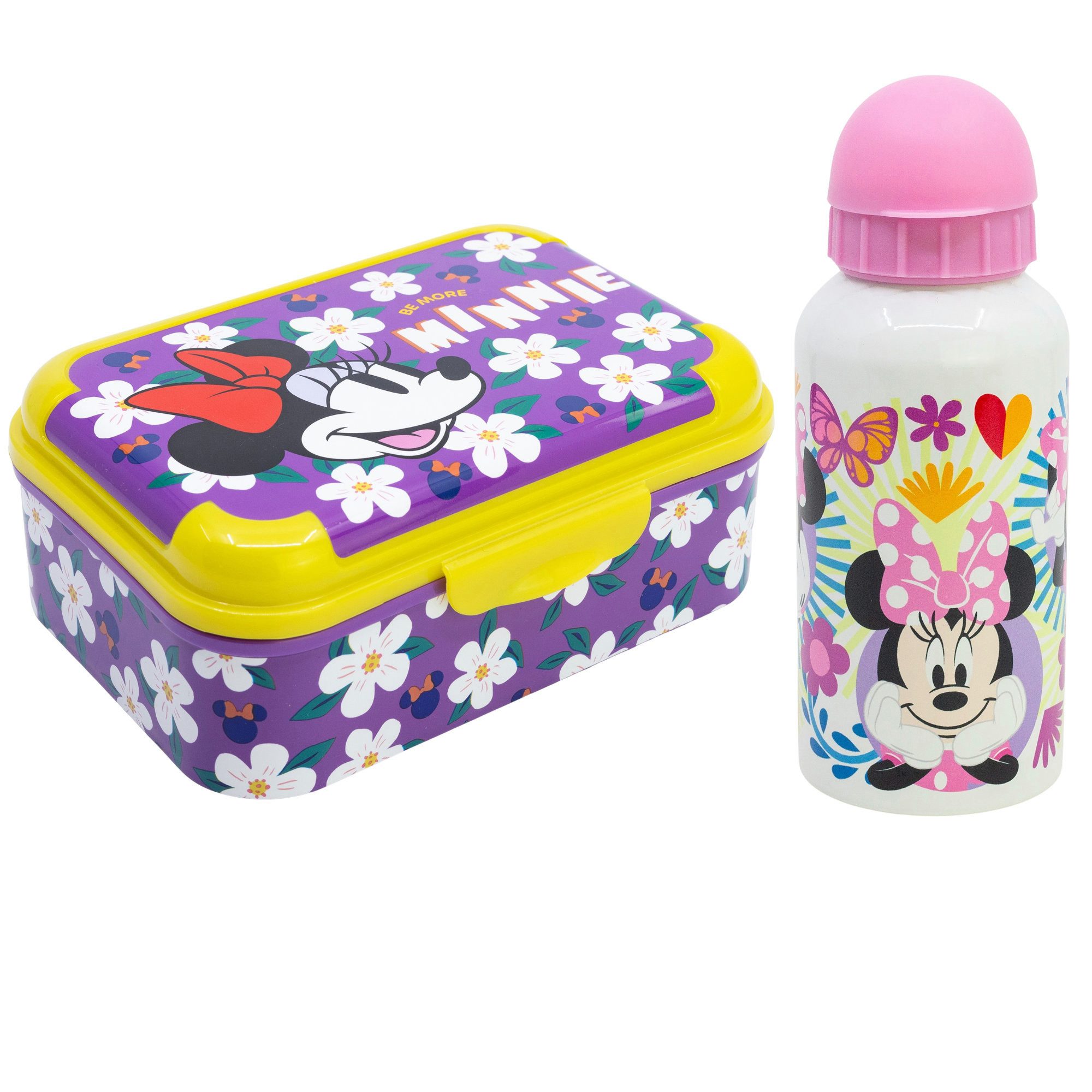 Disney Lunchbox Disney Minnie Maus Mädchen 2 tlg. Set Brotdose Alu Trinkflasche 400 ml, (2-tlg., Spar-Set)