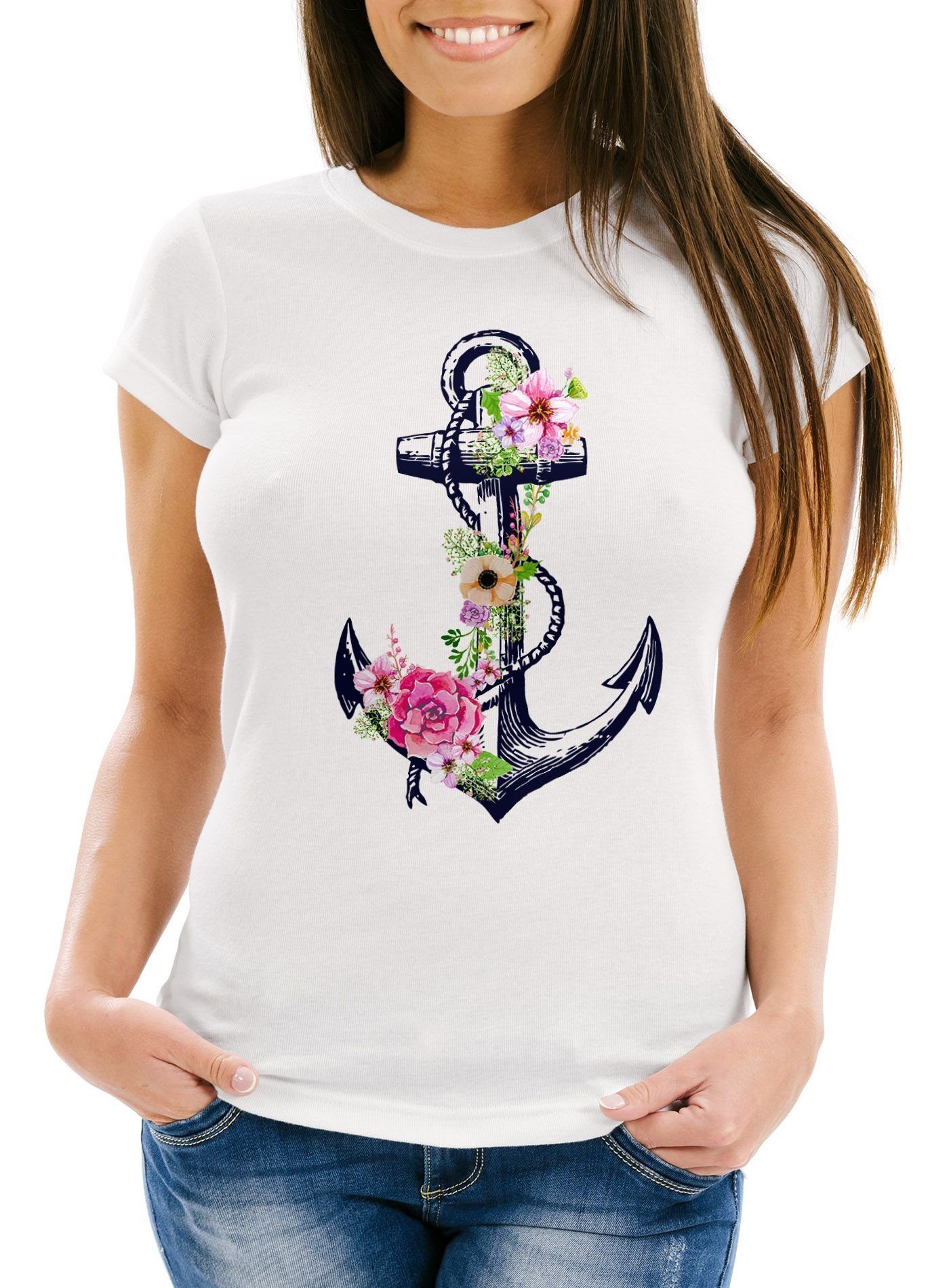 Neverless Print-Shirt Damen T-Shirt Blumen Anker Flower Anchor Watercolor Slim Fit mit Print