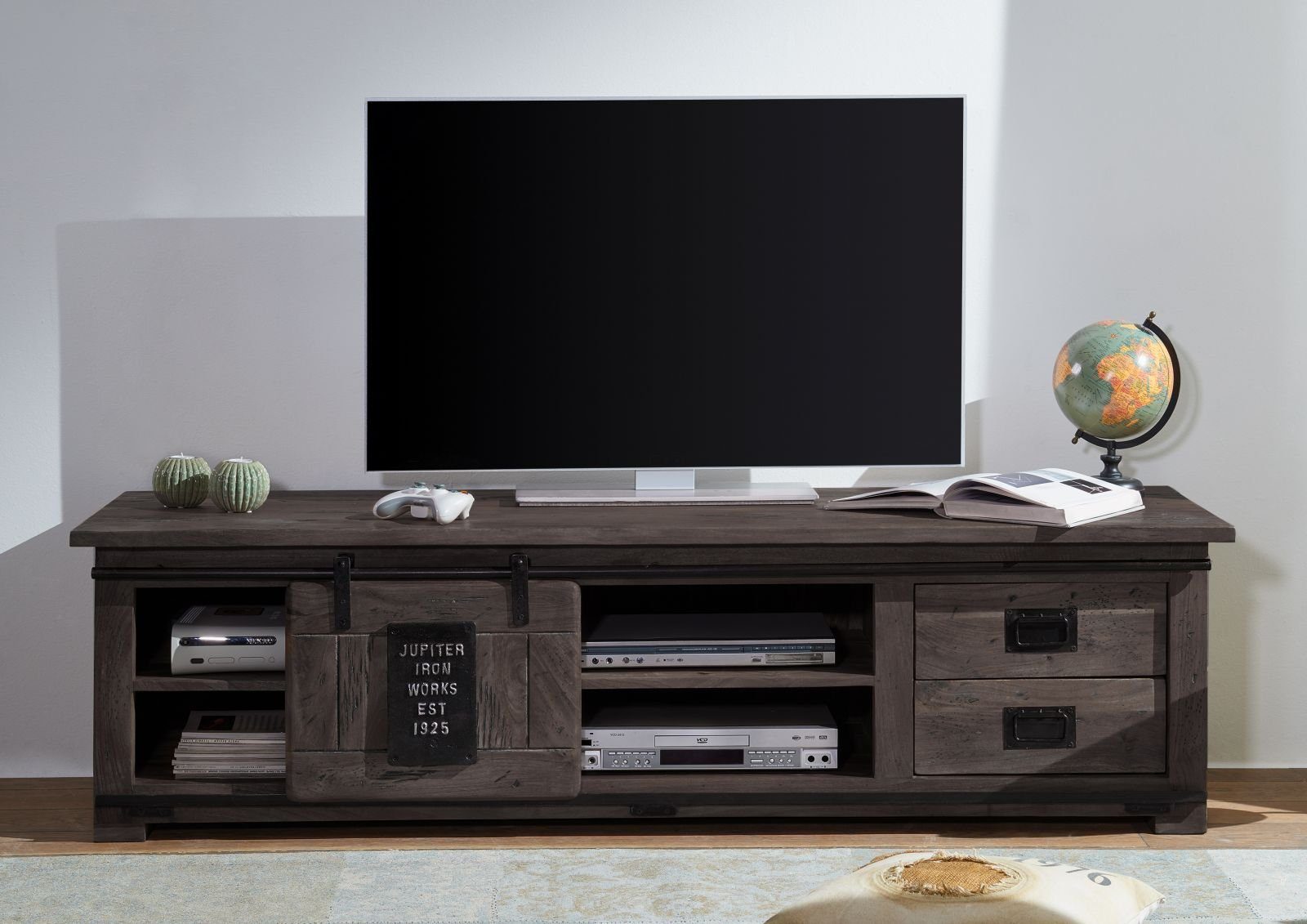 Massivmoebel24 TV-Board RAILWAY (Massivholz), TV-Board Mango 180x55x50 grau lackiert RAILWAY #245