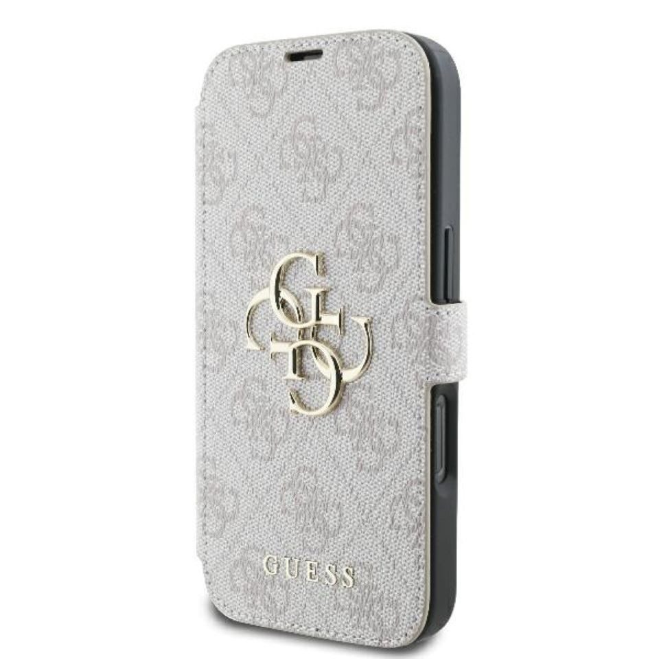Guess Handyhülle Bookcase iPhone 16 Pro rosa Logo goldfarben aufstellbar 6,3 Zoll, Kantenschutz
