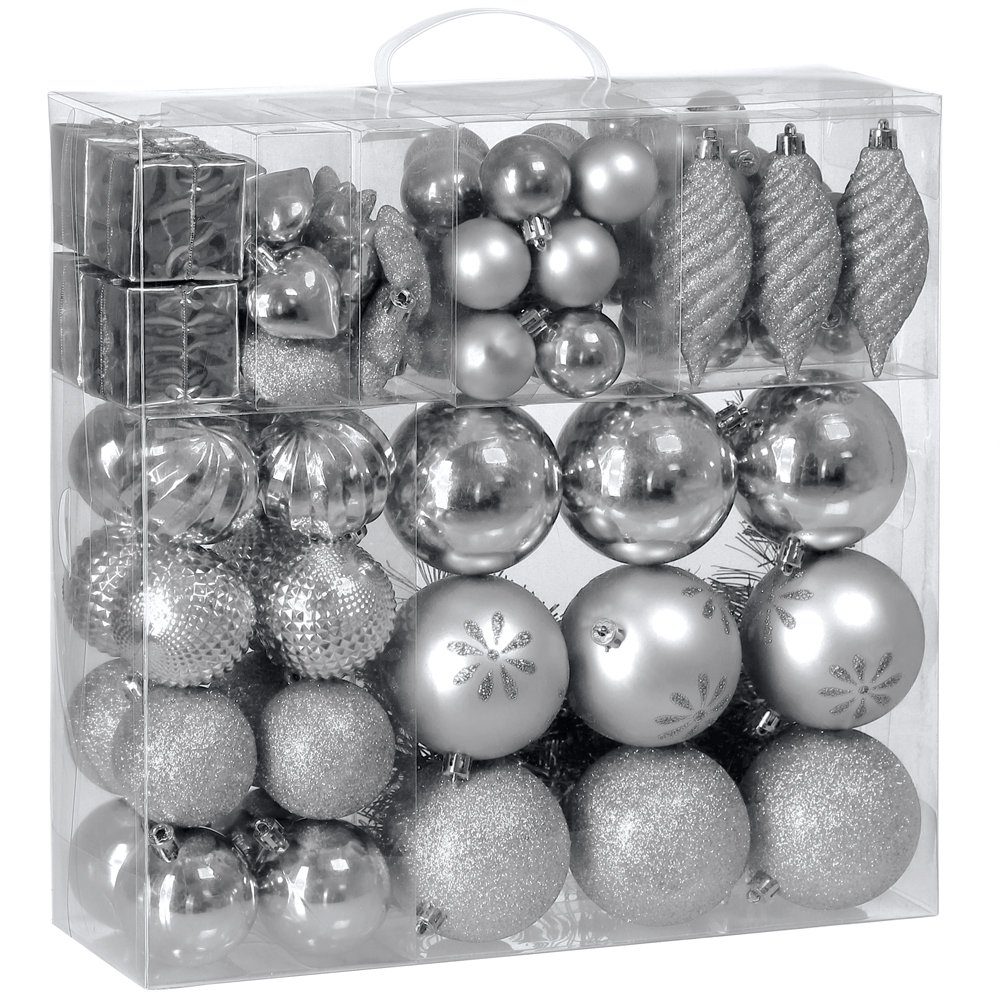 Deuba Weihnachtsbaumkugel (103 St), Weihnachtskugeln 103er Set Weihnachtsdeko matt glänzend glitzer Silber