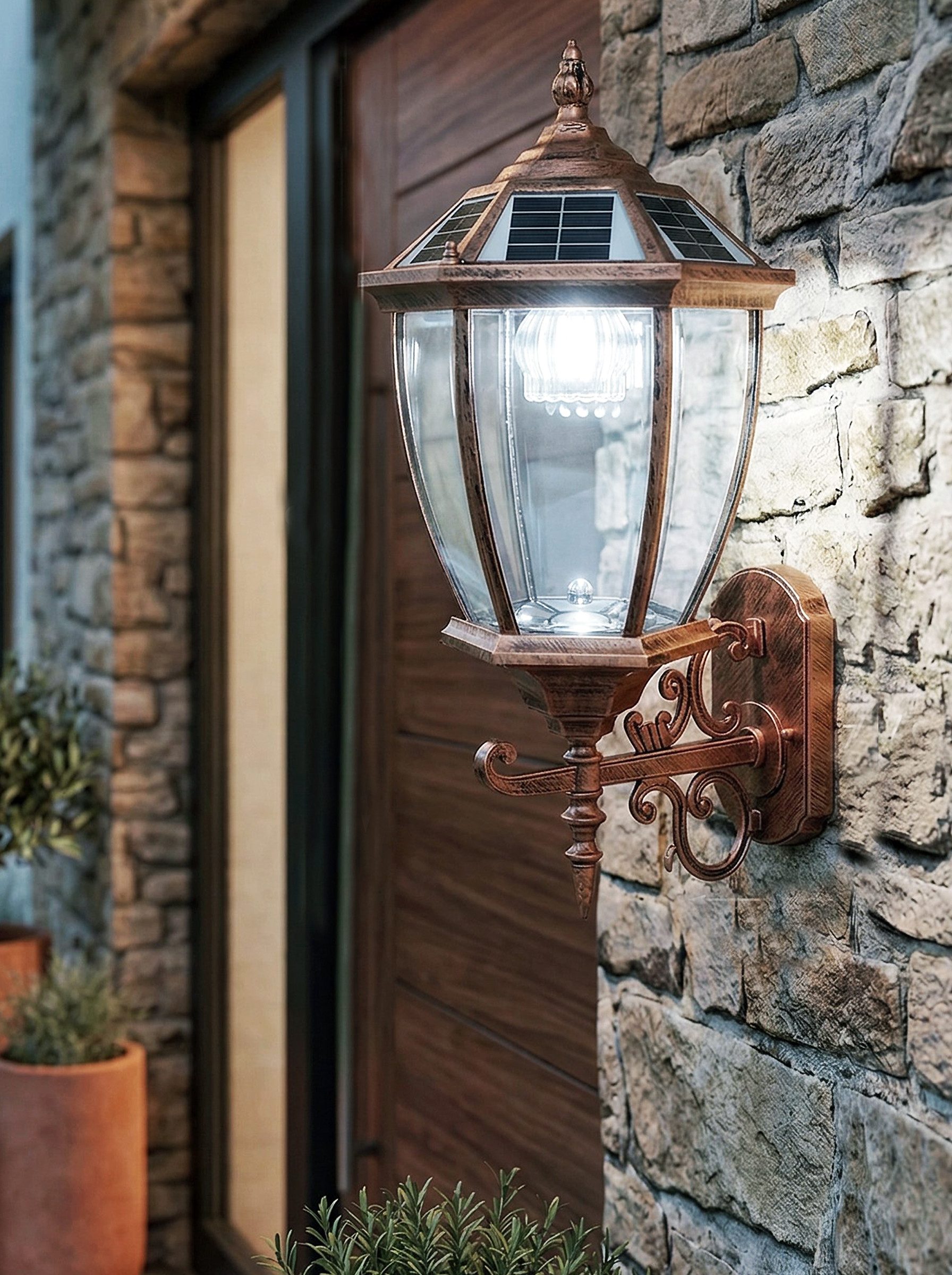 Arnusa Außen-Wandleuchte Solar Außenleuchte kabellos klassisch Kupferoptik Aluminium 52 cm, Farbtemperatur einstellbar, LED fest integriert, Warmweiß, Kaltweiß, leistungsstarker Akku lange Leuchtzeit, Warmweiß Kaltweiß