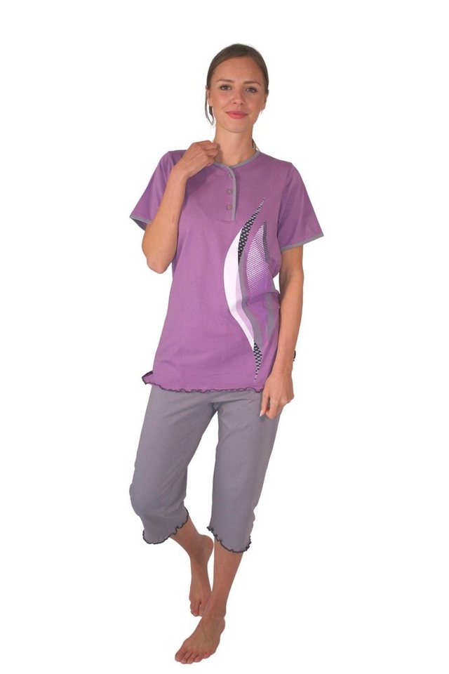 Set) (1 und Oberteil Damen mit Motivdruck DF056 Schlafanzug Capri Knopfleiste Capri-Pyjama Pyjama Consult-Tex