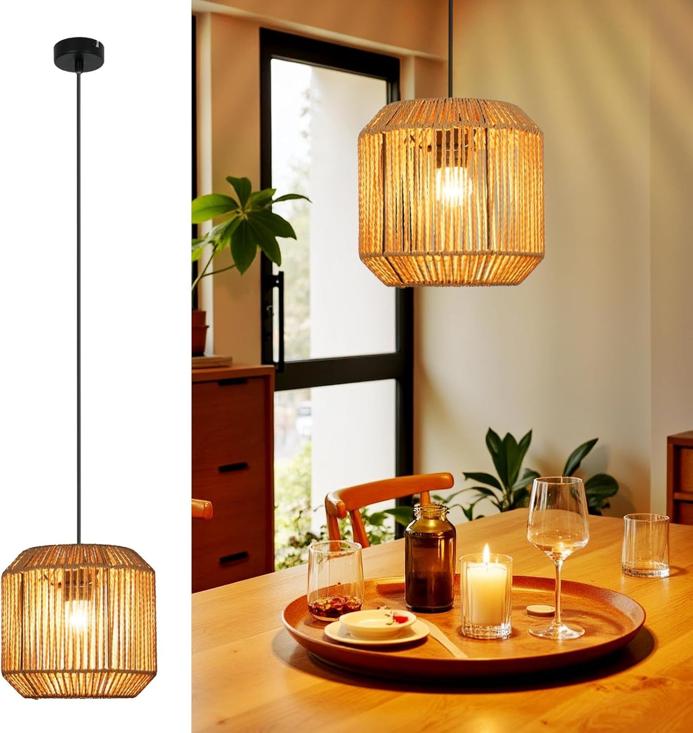 Nettlife Pendelleuchte Boho Vintage Rattan Pendelleuchte 1-flammig E27 Fassung Ø16 cm, LED wechselbar, für Schlafzimmer Bett Wohnzimmer Flur Esstisch