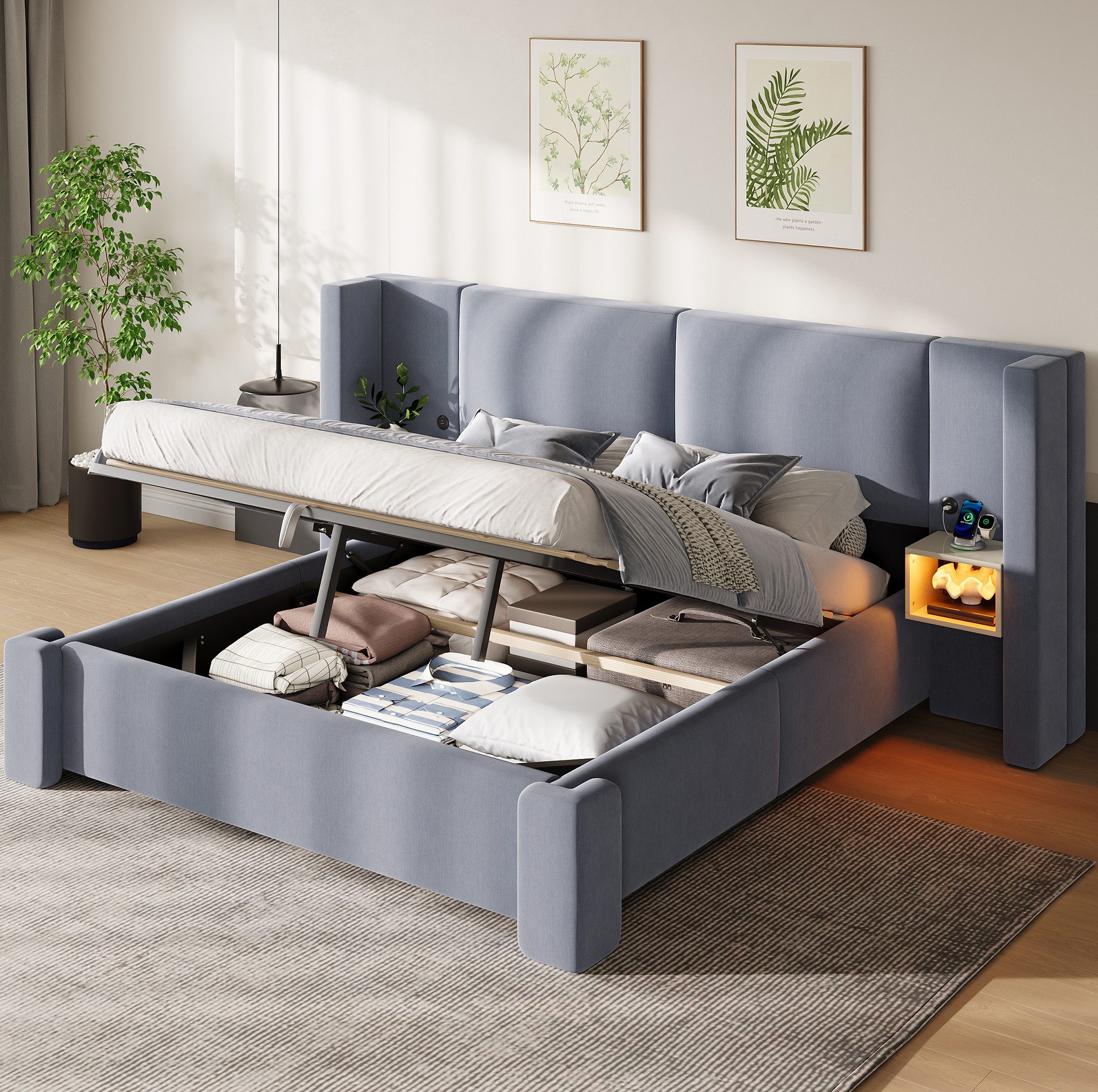 OKWISH Polsterbett LED-Bett 180x200cm Grau mit Staufächern & Hydraulik ohne Matratze (Packung, Komfortbett mit Liftfunktion & praktischen Aufbewahrungslösungen), Beiges Boxspringbett-Design mit integrierter Beleuchtung