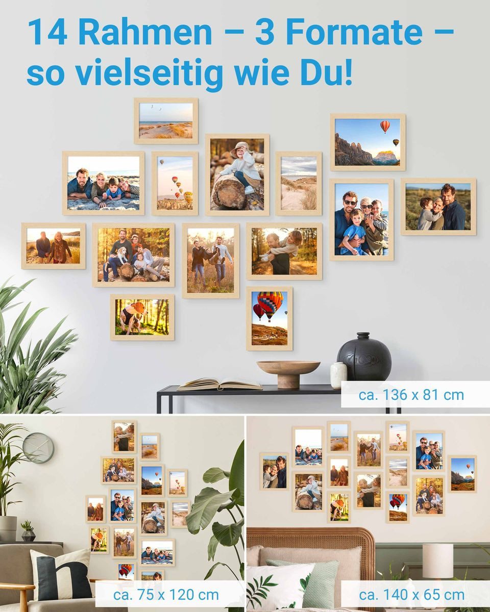 PHOTOLINI Bilderrahmen Sets in verschiedenen Formaten, MDF Holz, Acrylglas & Zubehör, für 14 Bilder (14er Set), Posterrahmen 14er Set No.2 zum Aufhängen oder Aufstellen
