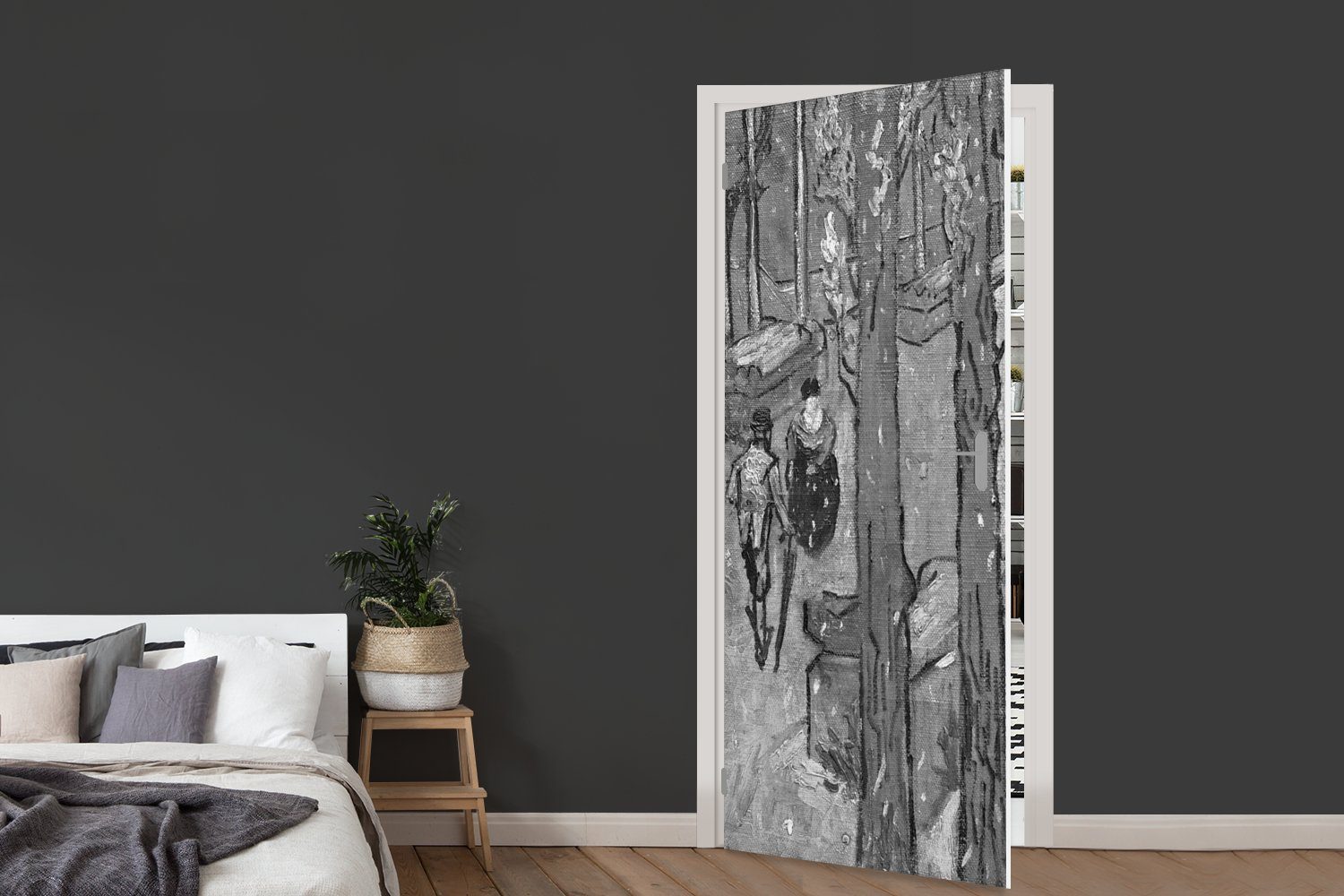 Türaufkleber, für van Weiß St), Gogh Türtapete in bedruckt, Tür, Fallende Fototapete - Matt, Schwarz Blätter cm und, und - Vincent Schwarz 75x205 (1 MuchoWow