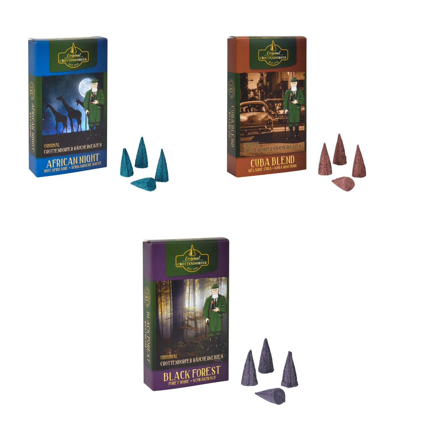 Crottendorfer Duftkerze Räucherkerzen 3er Set - African Night / Black Forest / Cuba Blend, je 24 Räucherkerzen Größe M - ruhige Dufterlebnise - Made in Germany