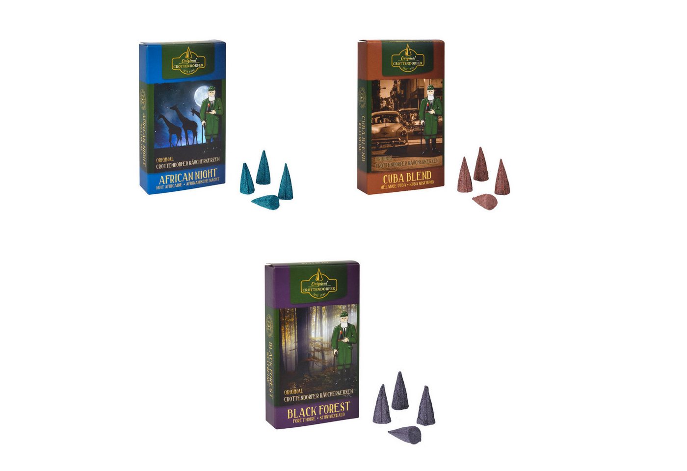 Crottendorfer Duftkerze Räucherkerzen 3er Set - African Night / Black Forest / Cuba Blend, je 24 Räucherkerzen Größe M - ruhige Dufterlebnise - Made in Germany