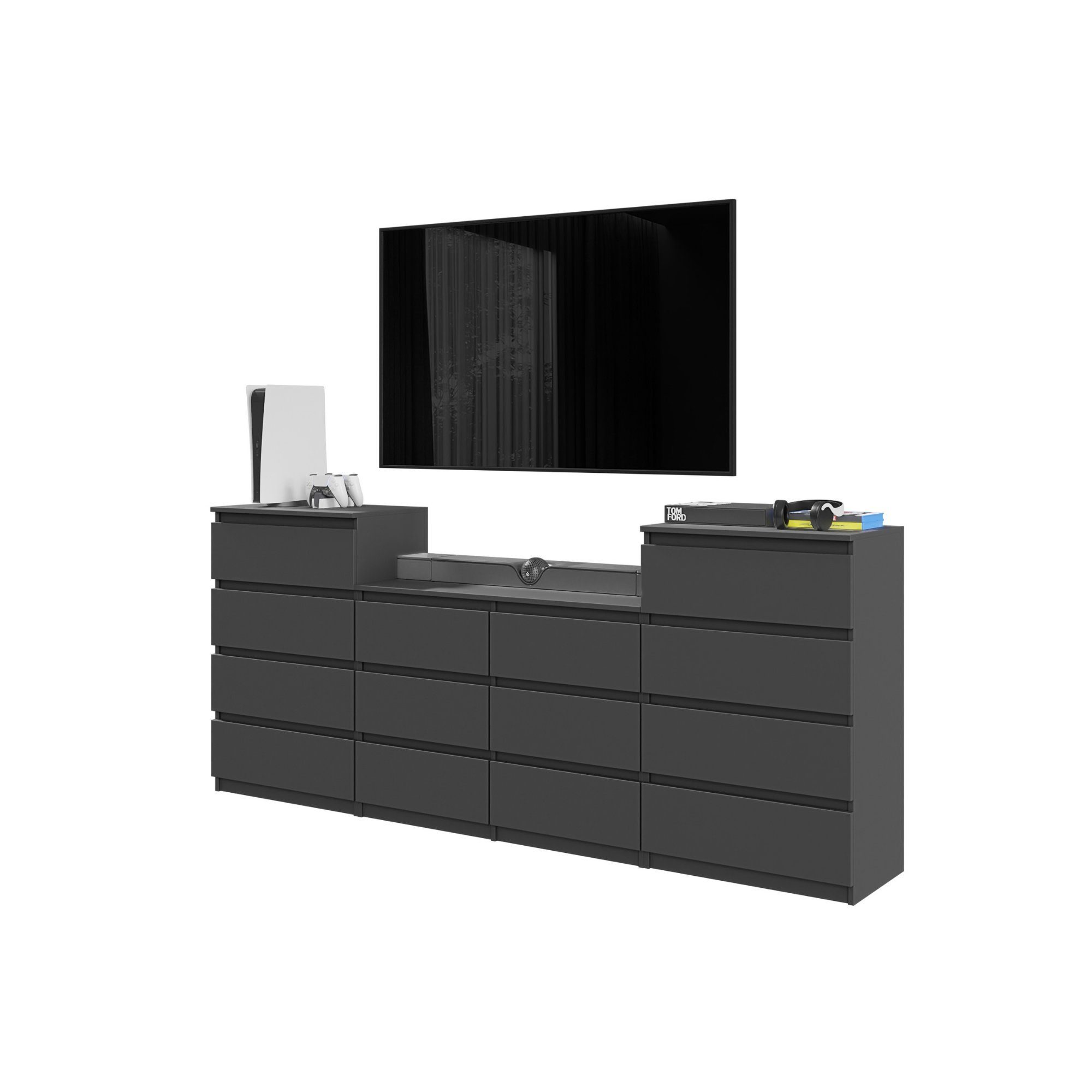 Furnica Kommode GABRIEL 4+6+4 Schubladen-Anthrazit Grau H92cm B220cm T33cm