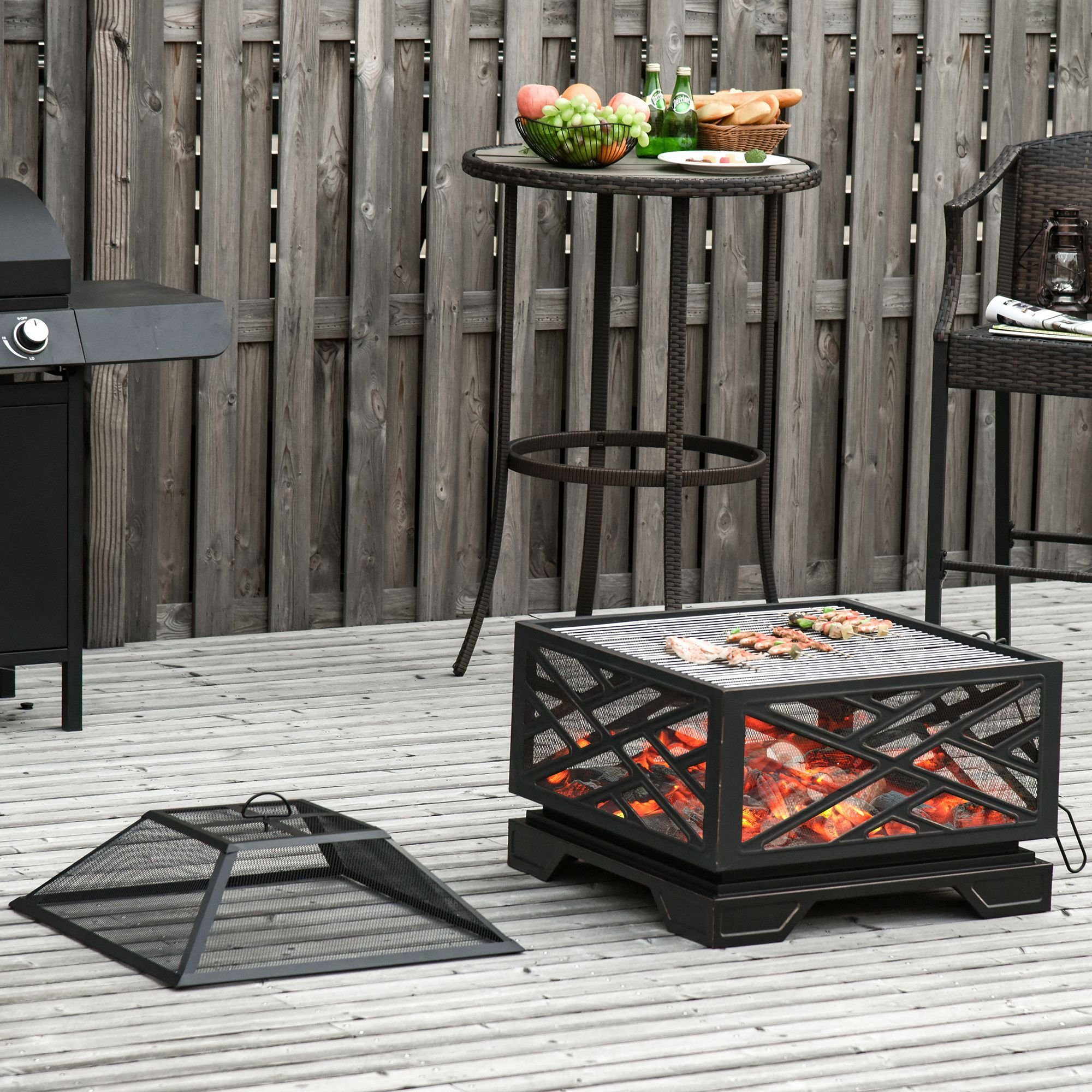 Outsunny Holzkohlegrill Schürhaken, 2-in-1 BBQ Grill, Feuerstelle für Garten, Balkon, Metall, Feuerkorb mit Grillrost, Feuerschale mit Funkenschutz, Metall, Schwarz, 66 x 66 x 66 cm