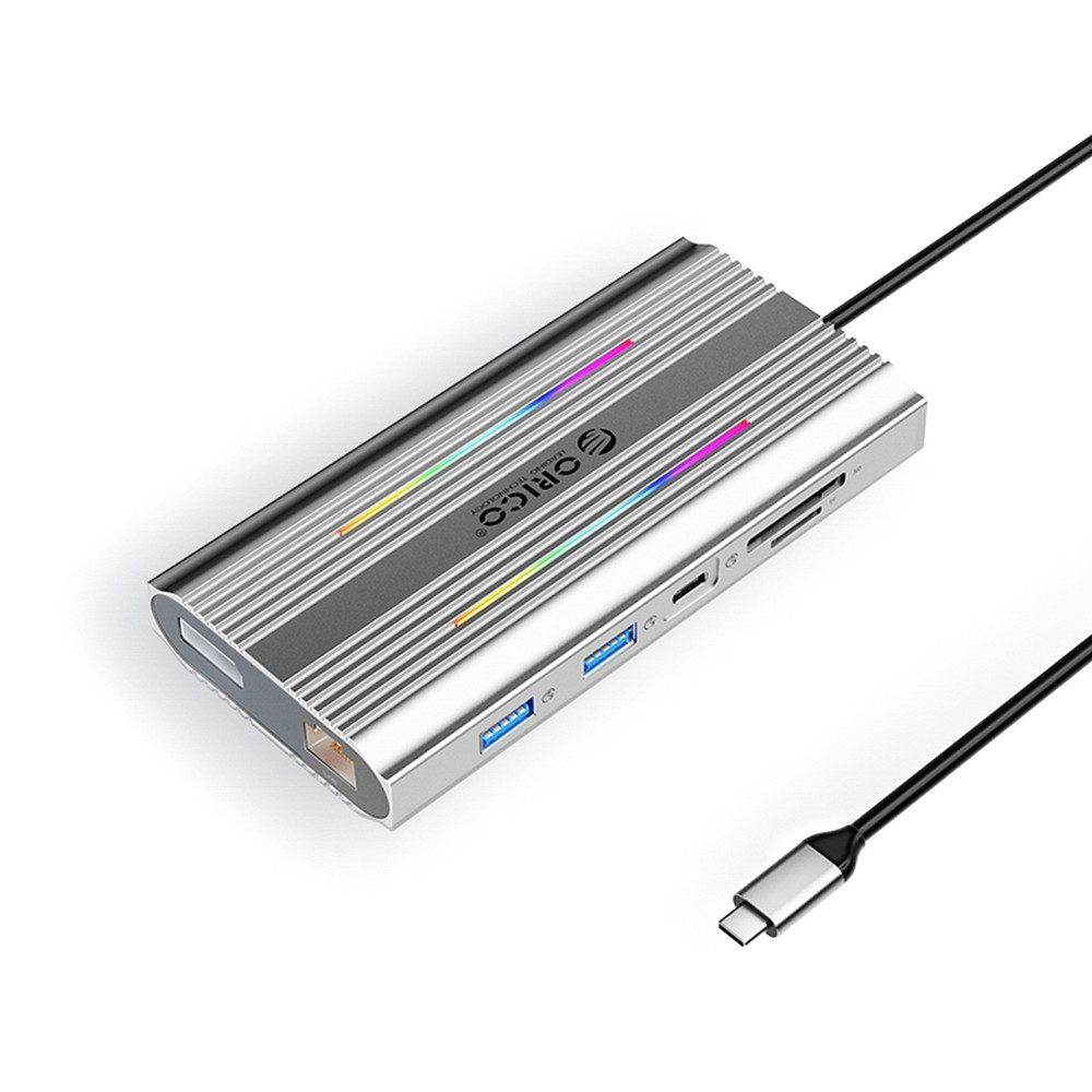 ORICO Multiport-Adapter Anschlussverteiler Arbeitsplatzstation Dockingstation (12-in-1, RGB-Licht, 100 W Power Delivery, 4K 60 Hz)