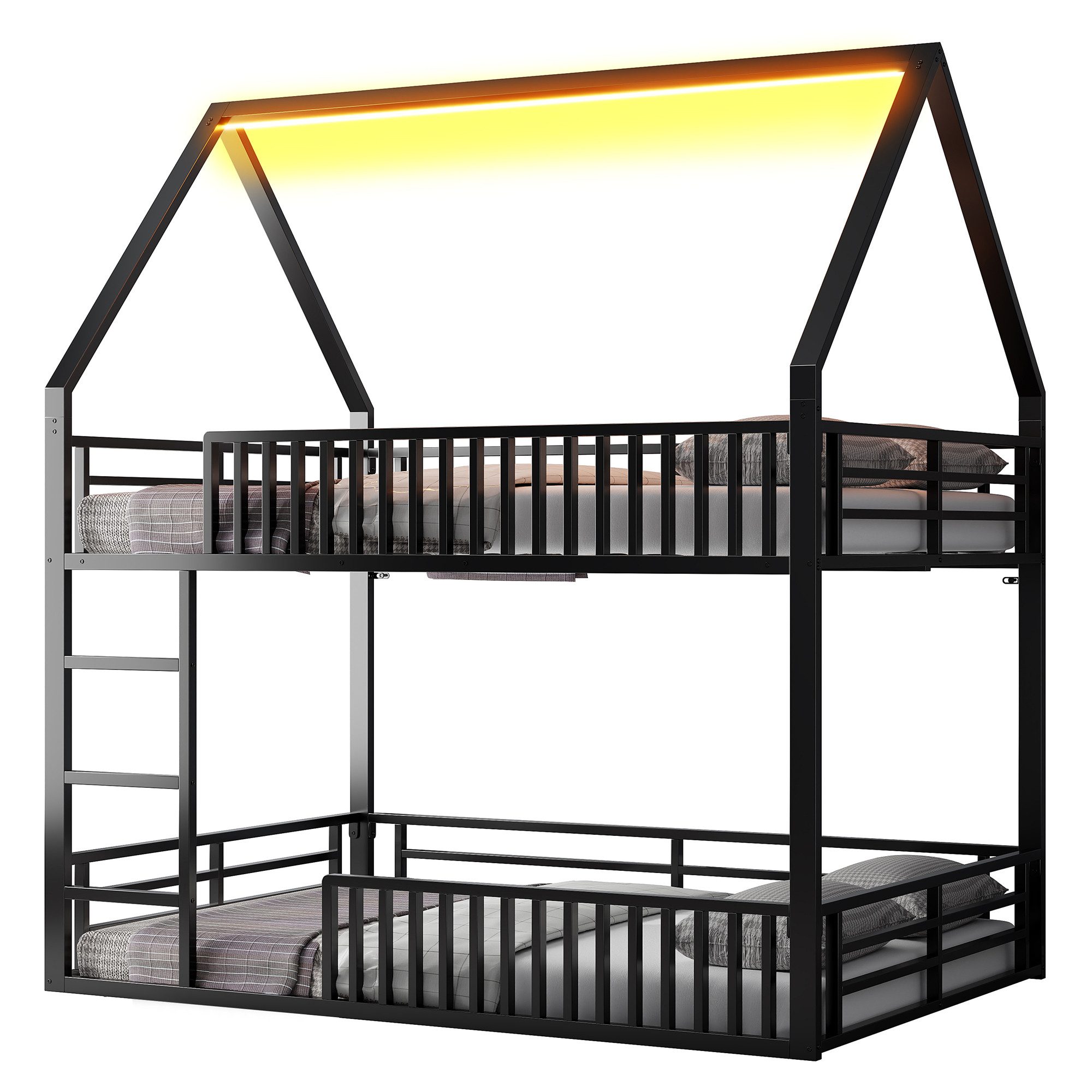 MODFU Etagenbett Kinderbett,Gästebett,Jugendbett (140x200 cm Haus-Etagenbett mit LED-Licht & Zaunstil-Geländer – Kinderfreundliches Design mit Spielbereich., 1-St)
