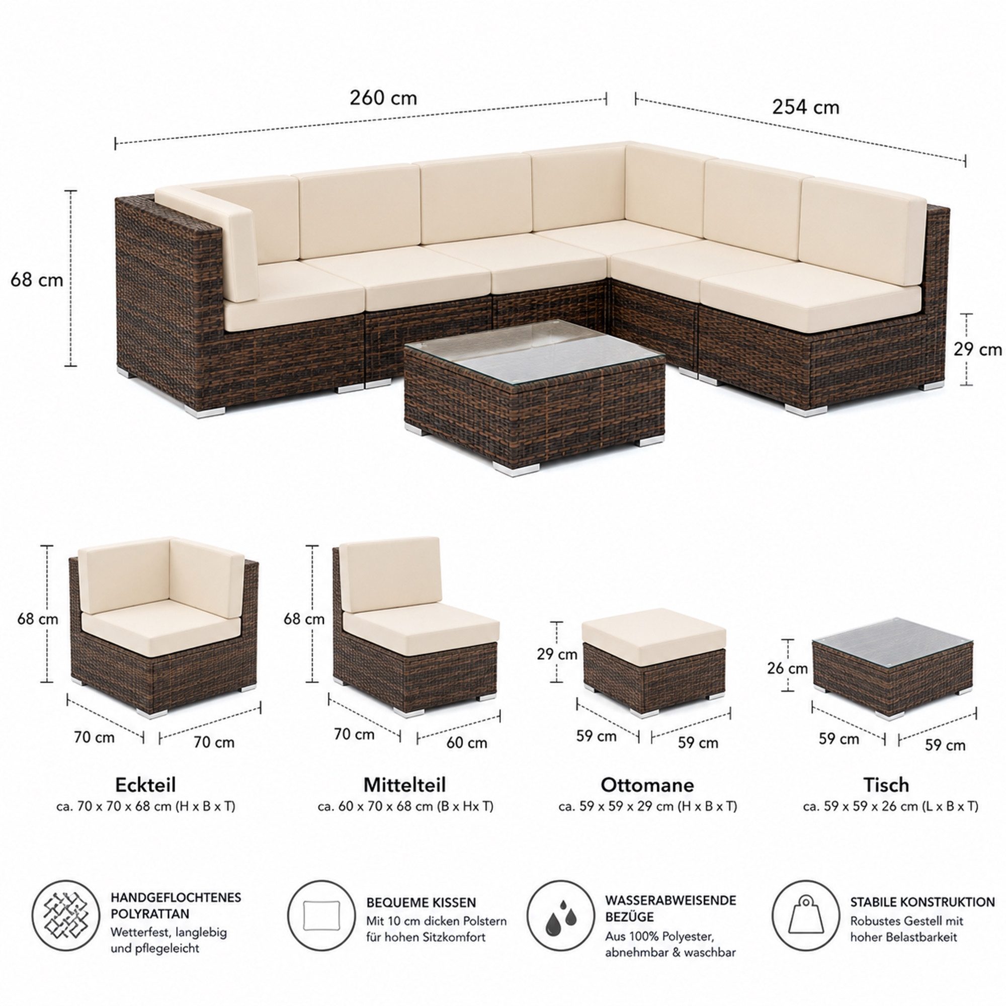 Mucola Gartenlounge-Set Lounge Gartenmöbel Set Sitzgruppe Polyrattan Gartenlounge Gartenmöbel, (Set, 1x Mehrteiliger Sofa 1x Ottomane 1x Tisch), Kissen inkl. Reißverschluss, daher abnehm- und waschbar